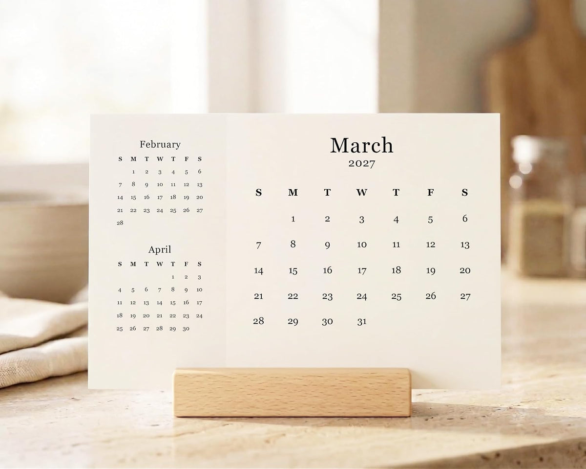 2027 Monthly Minimalist Office Desk Calendar - 3 Month Style - Wood Stand - Annual 12