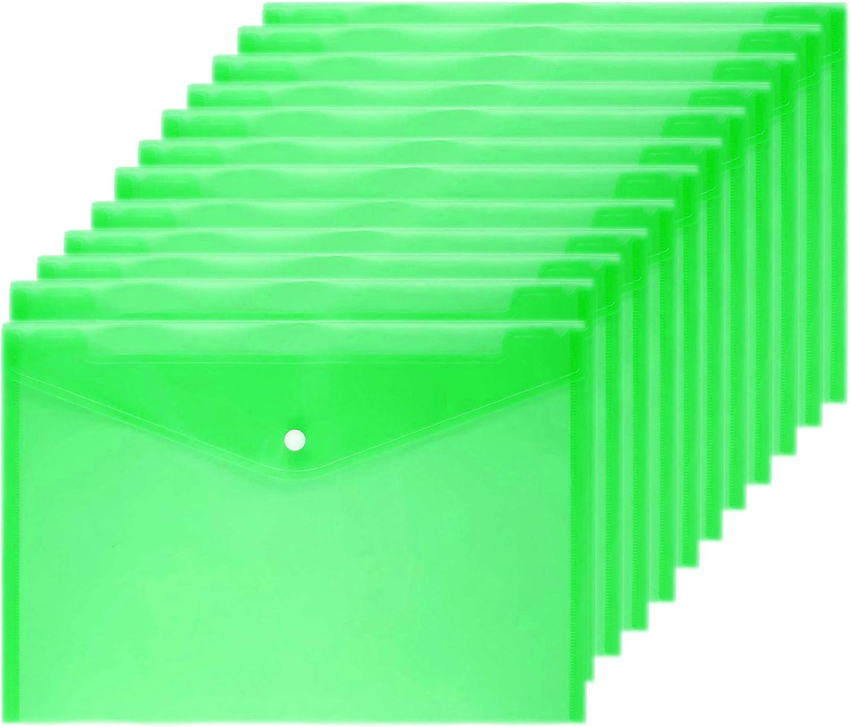 12 Poly Envelopes Snap Button Clear Document Folder A4 Size - Green