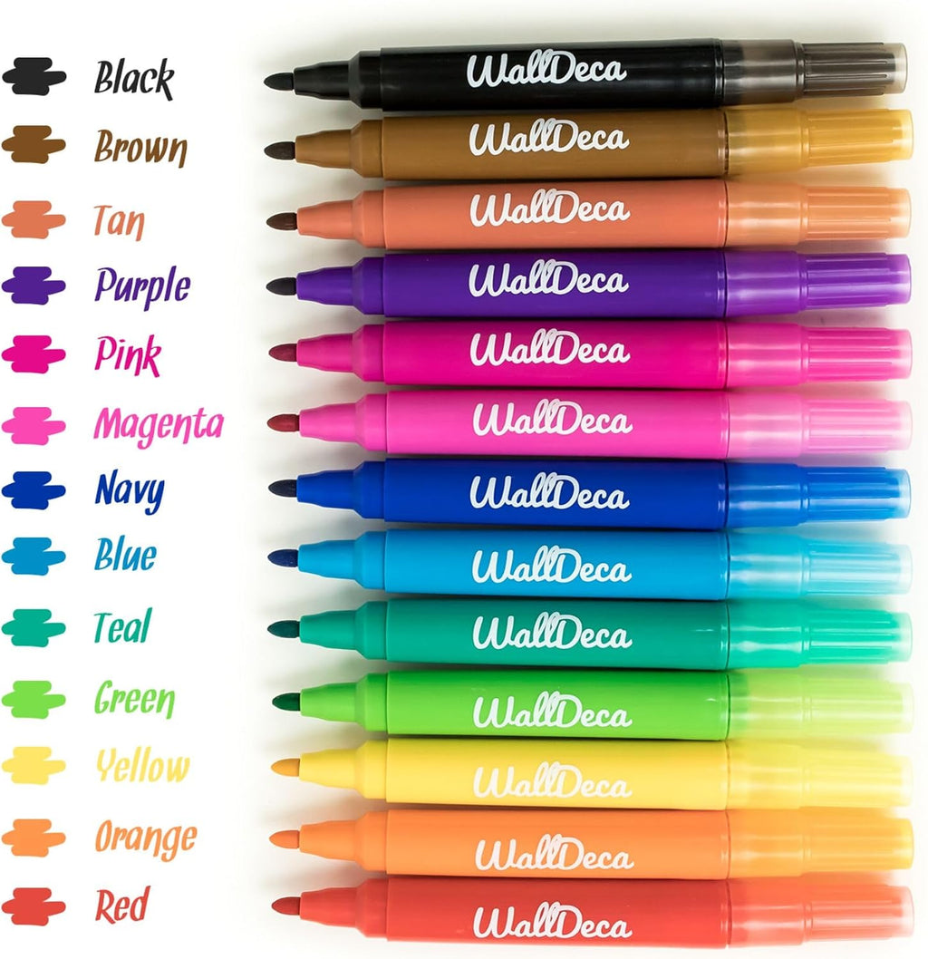 WallDeca Kids Dry Erase Markers Washable 13 Pck Pastel Fine Tip Skinny Pens