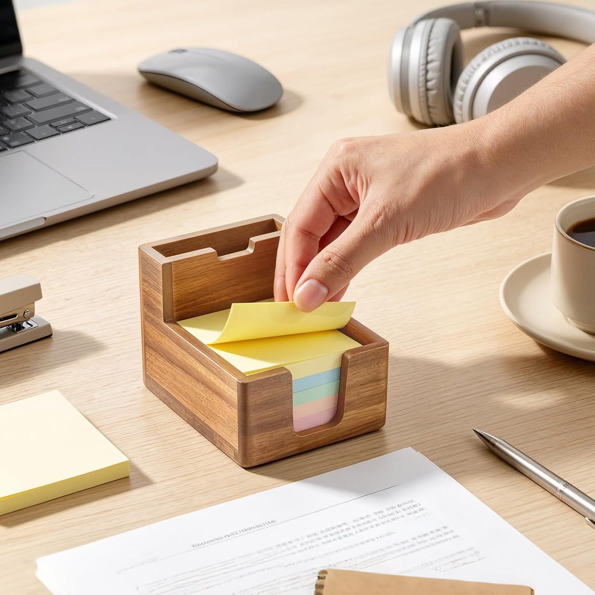 Acacia Wood Sticky Note Holder with Pen Slot, 3x3 Post It Note Dispenser