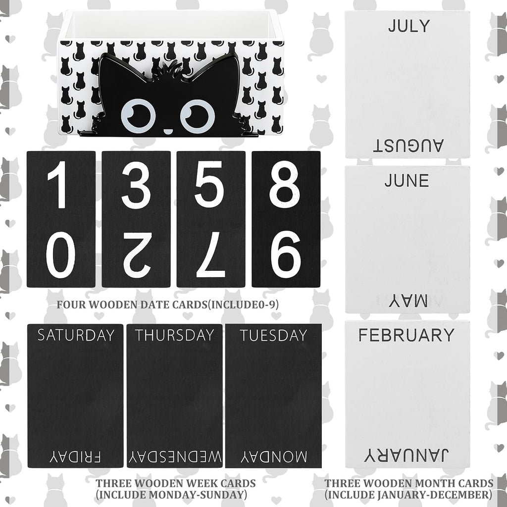 AceOrbit Cat Wood Block Perpetual Calendar Coquettish Desk Decor Cute Month Week Date