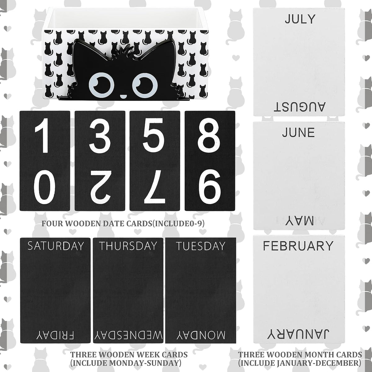 AceOrbit Cat Wood Block Perpetual Calendar Coquettish Desk Decor Cute Month Week Date