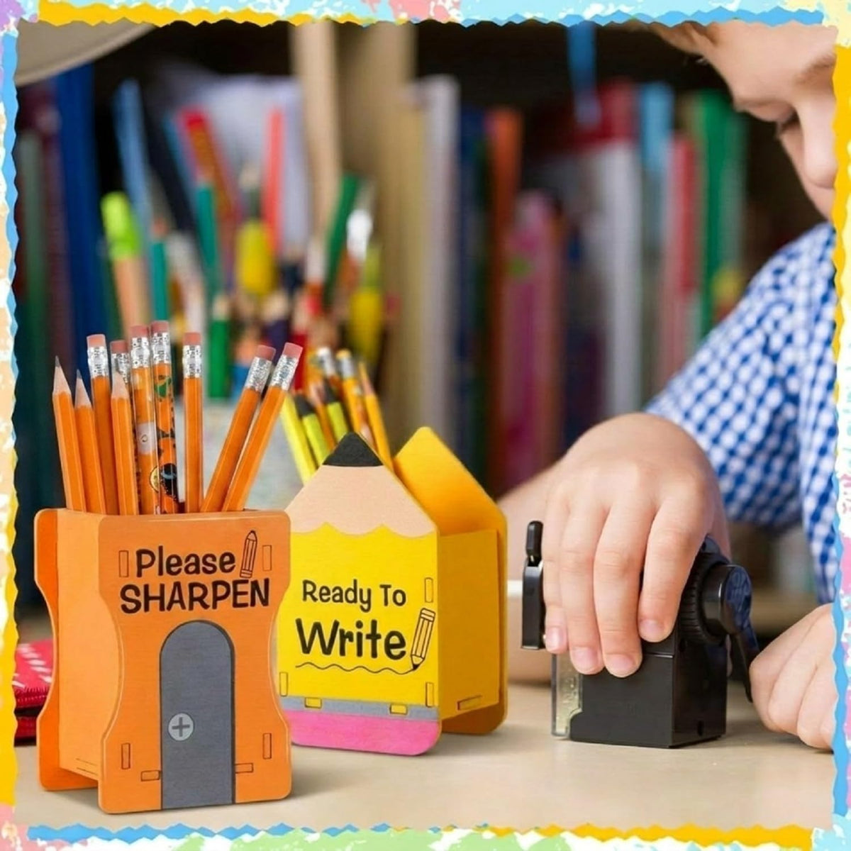 Sherr 2 Pcs Wood Pencil Holder Desk, Pencil and Sharpener, Yellow and Orange