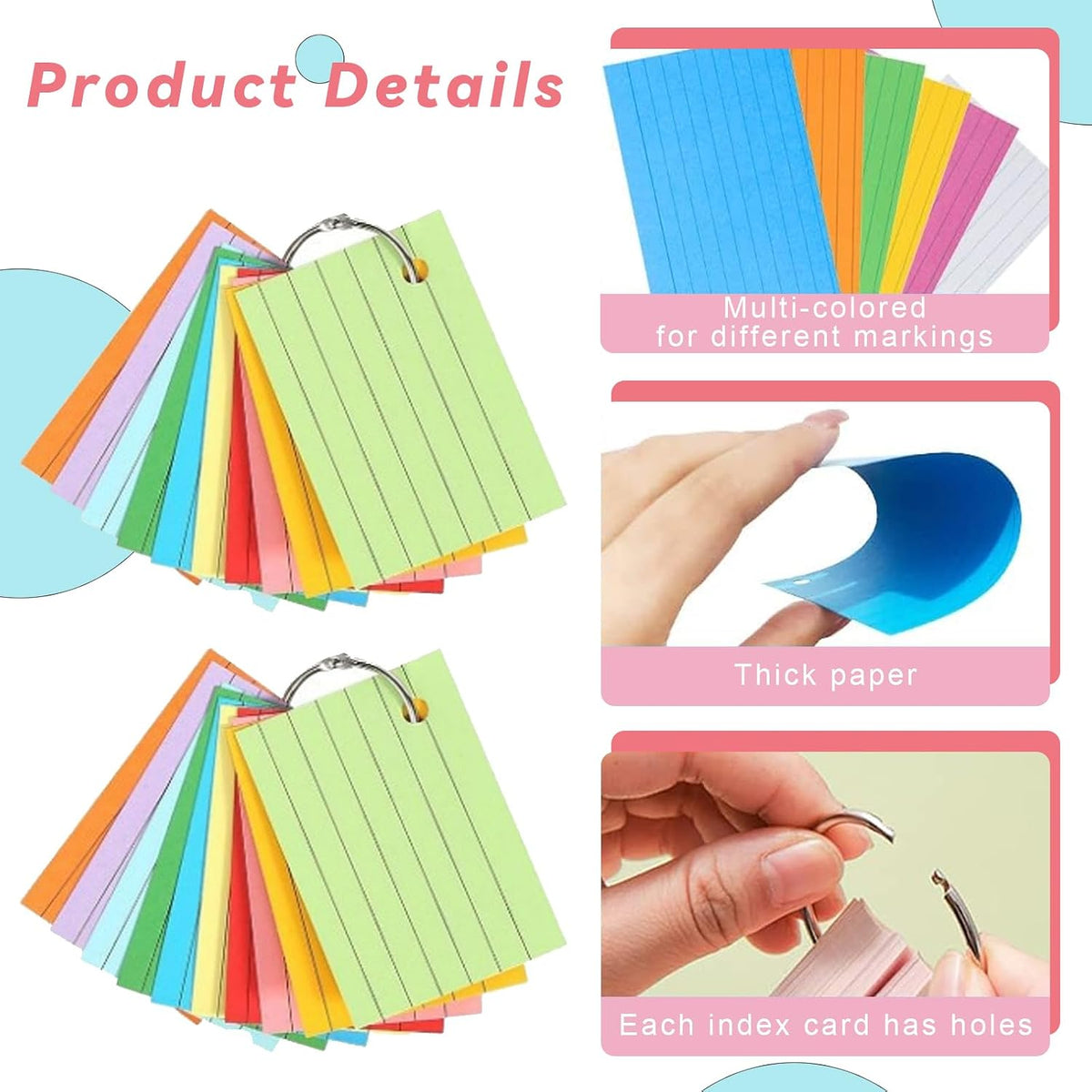 1000 Pcs Index Cards 2.91 x 2.01 Inch Color Flash Cards with Rings, Heavy Note Cards