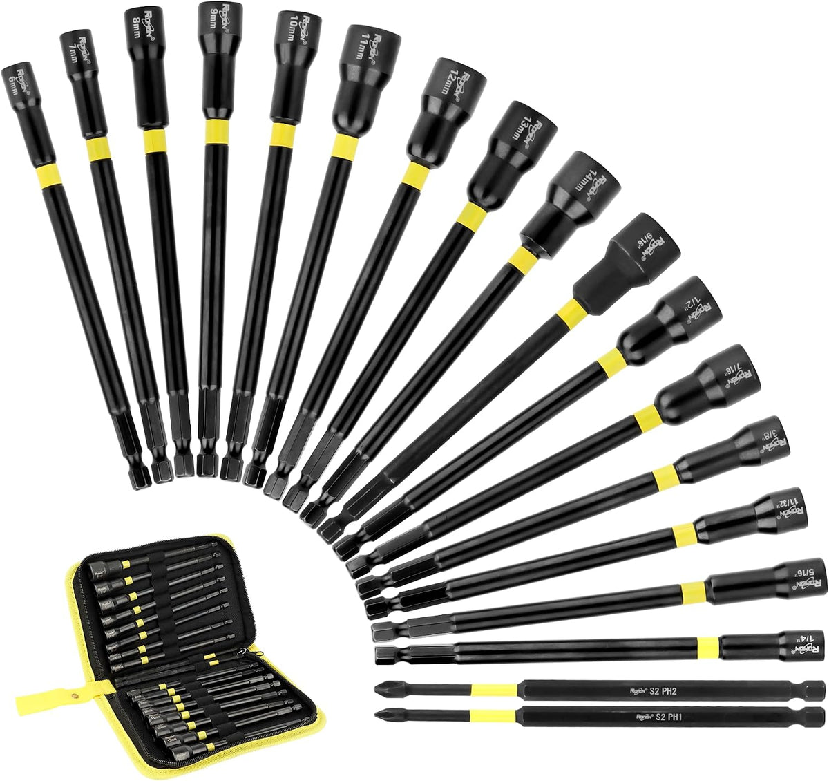 18-Piece Long Magnetic Nut Driver Set for Impact Drill, SAE and Metric Screwdriver Bits