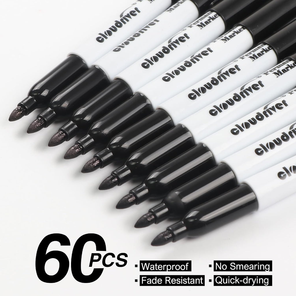 cloudriver Black Permanent Markers Fine Tip, 60 Packs Permanent Markers Bulk