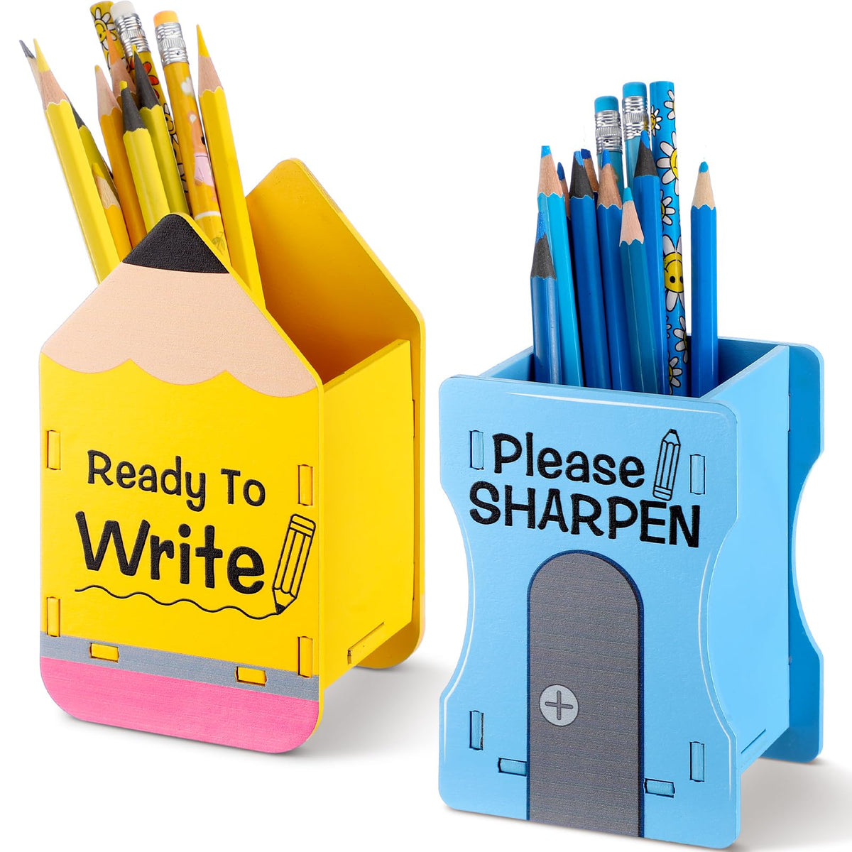 Sherr 2 Pcs Wood Pencil Holder Desk, Pencil and Sharpener, Yellow and Orange