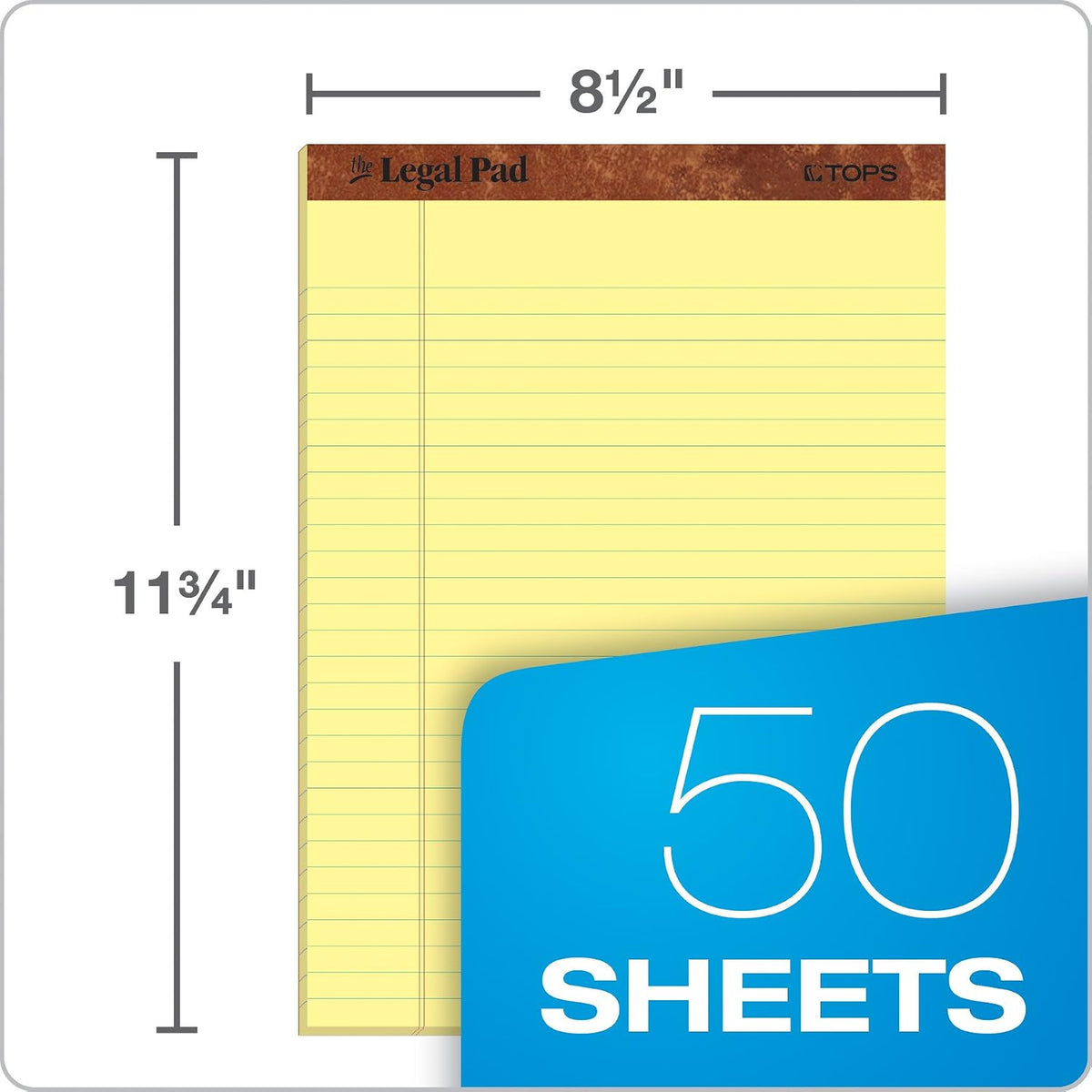 TOPS The Legal Pad Writing Pads, 8-1/2" x 11-3/4", Canary Paper, Legal Rule, 50 Sheets