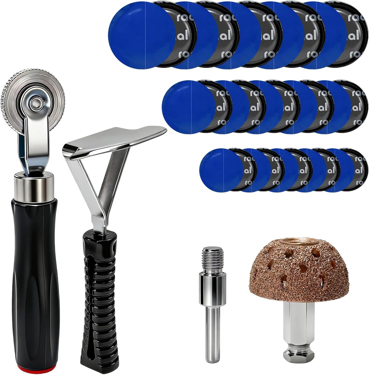 34 PCS Tire Patch Roller Kit, 35mm 43mm 58mm Auto Tire Tube Patches Kit with Roller &