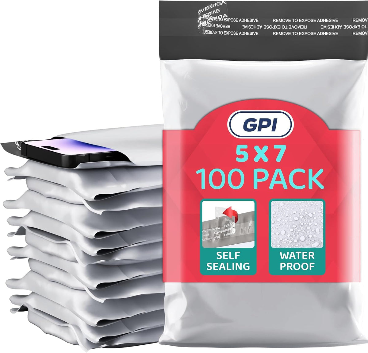 5" x 7" Poly Mailers, 200 Pack, 2.5 Mil, White Self Seal Waterproof, GPI