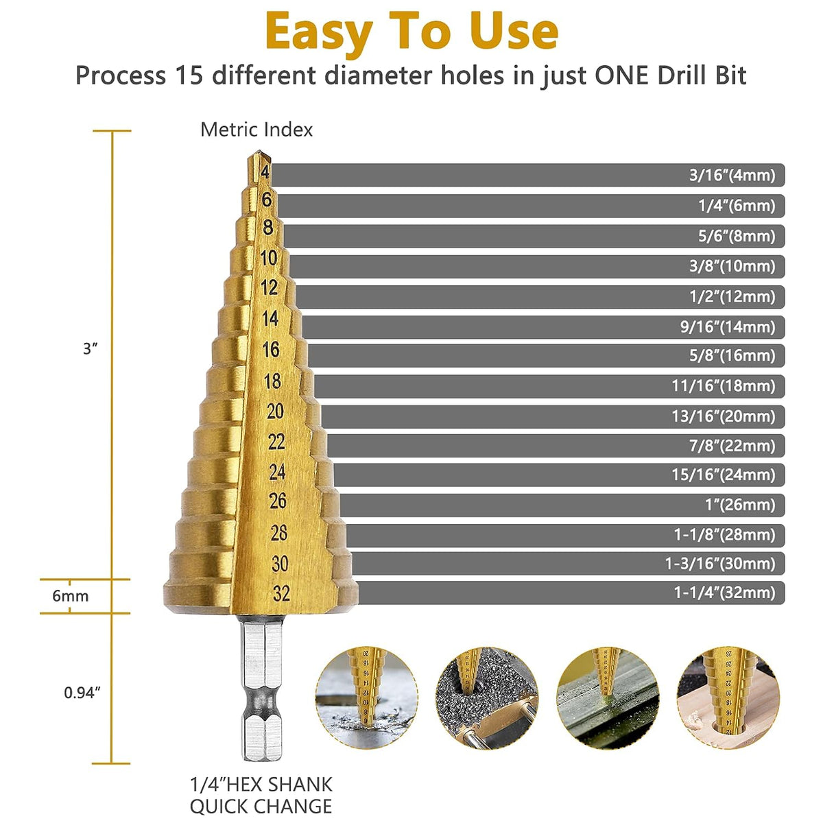 15 Sizes Step Drill Bit, 4mm-32mm (3/16" to 1-1/4") Titanium Coated Multi Step Drill Bits
