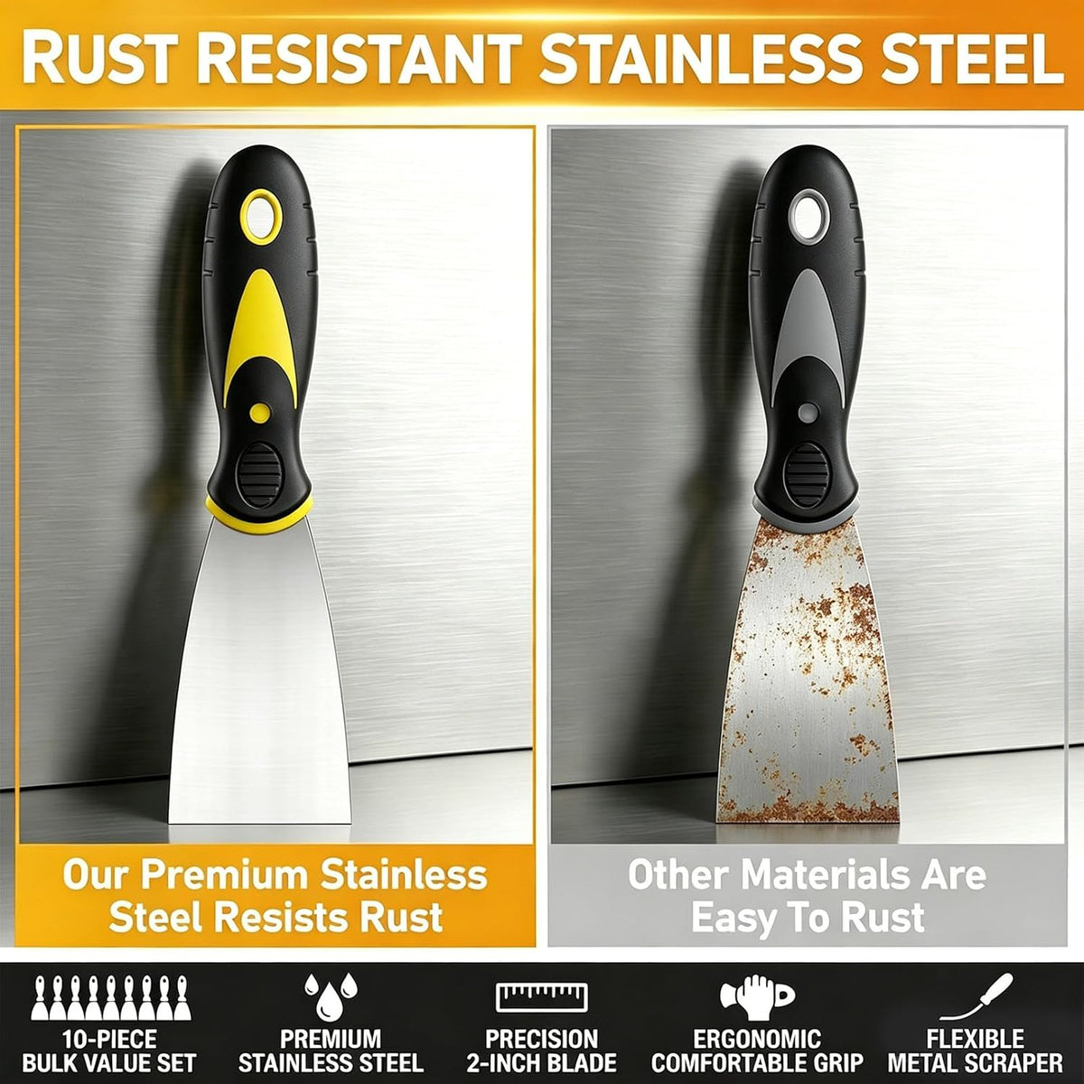 10Pcs Putty Knife Set, 2 Inch Stainless Steel Spackle Knives