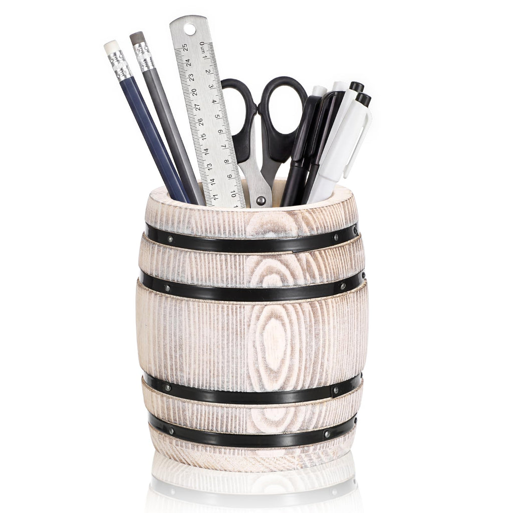 Rustic Wooden Pen Holders for Desk, Wine Barrel Shaped Pencil Cup