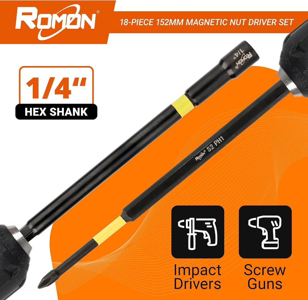 18-Piece Long Magnetic Nut Driver Set for Impact Drill, SAE and Metric Screwdriver Bits