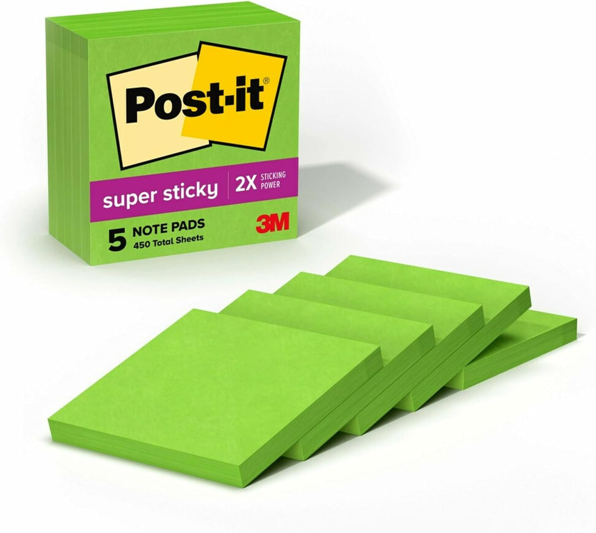 Post-it Super Sticky Notes, 3 x 3 in, Limeade, 5 Pads, 90 Sheets/Pad