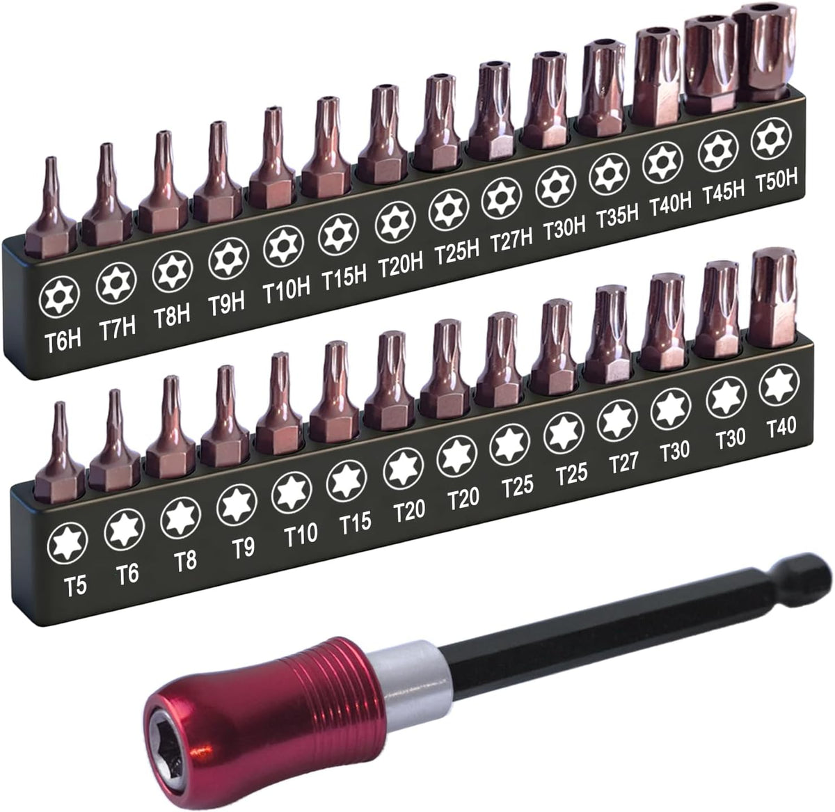 Torx Bit Set 28+1pcs (T5-T50), 1/4 Hex-Shank S2 Steel Security Torx Bit Set