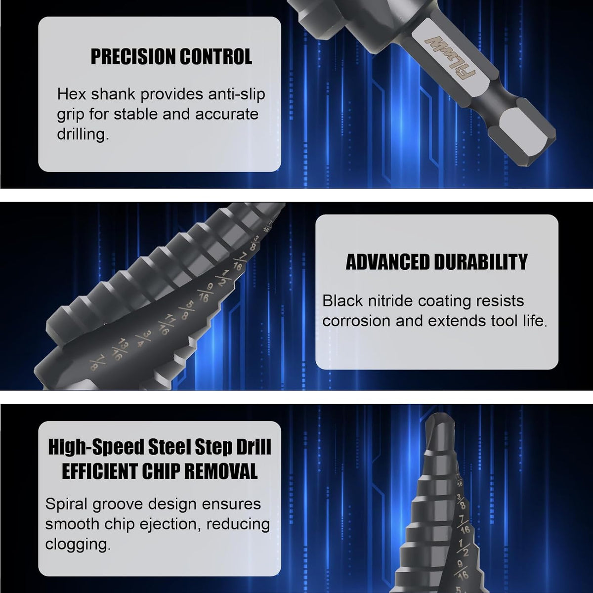 3PCS HSS Nitride Black Step Drill Bits, 31 Step Sizes Total High Speed Steel Step Bits