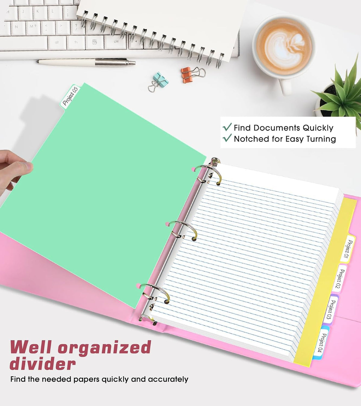 3 Ring Binder 1 inch，Cute Binder Organizer with 5 Tab Dividers Fits 175 Sheets of 8.5x11