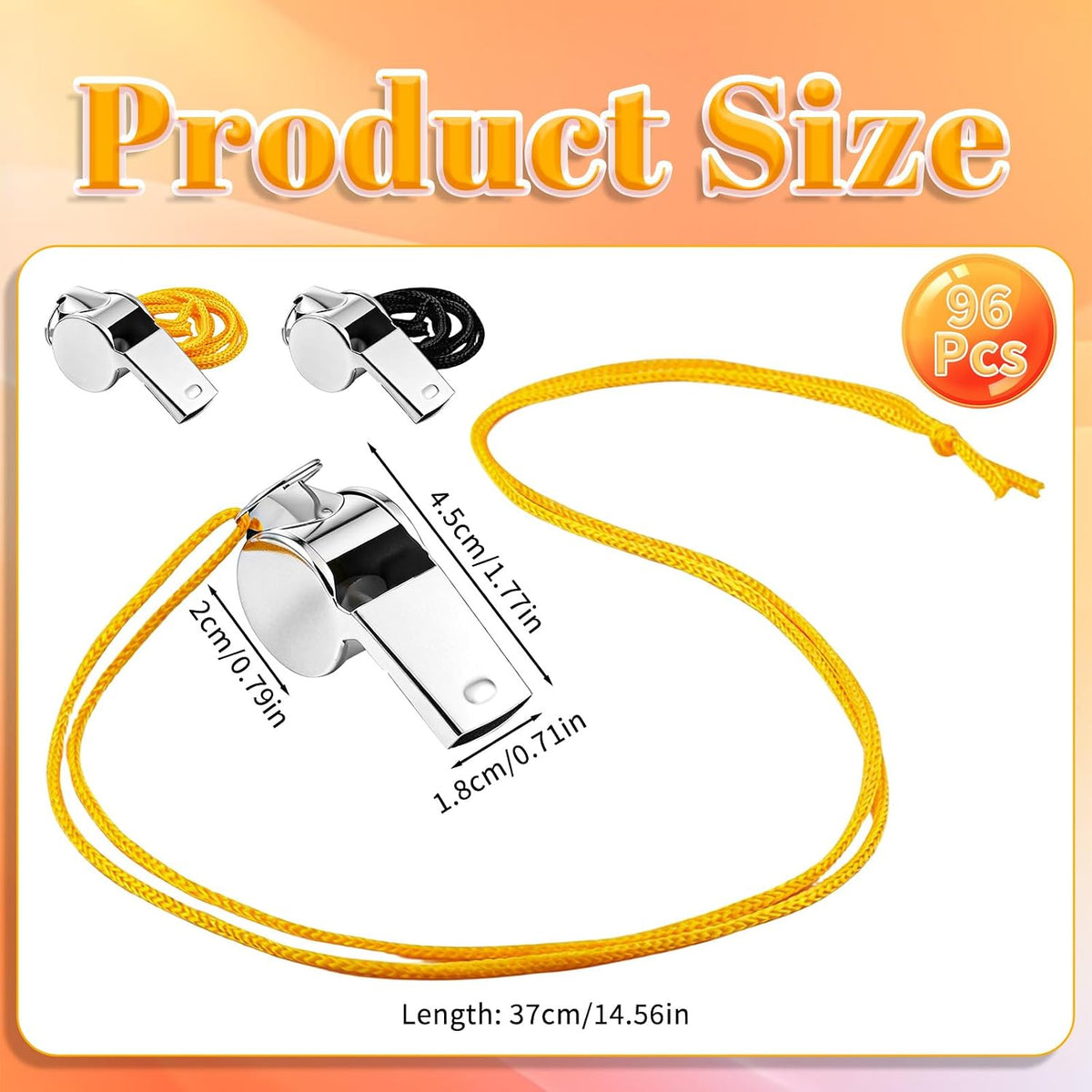 96 Pcs Stainless Steel Coach Whistle with Lanyard Loud for Referees