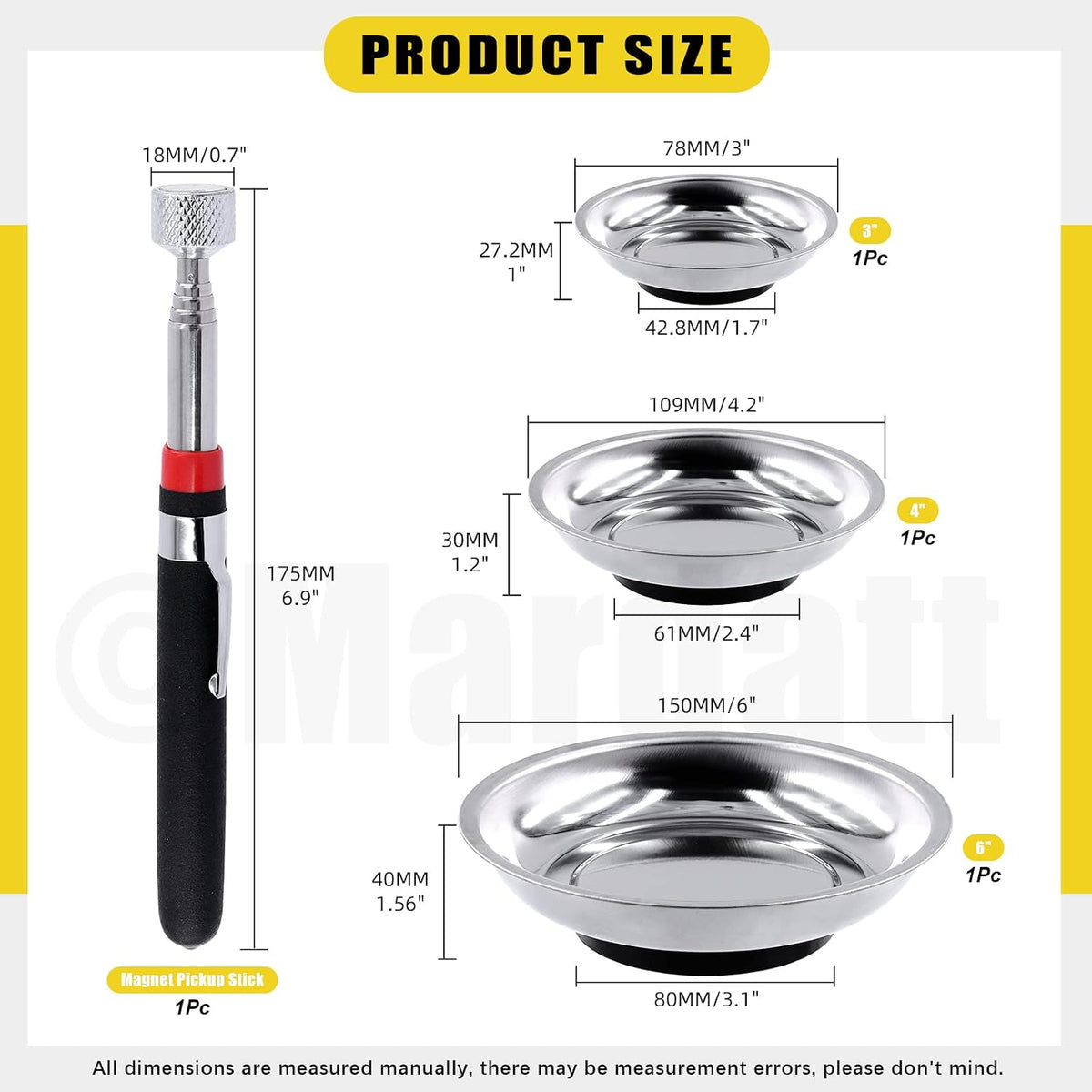 4Pcs 3" 4" 6" Magnetic Trays Tools & 10LB Telescopic Magnet Stick