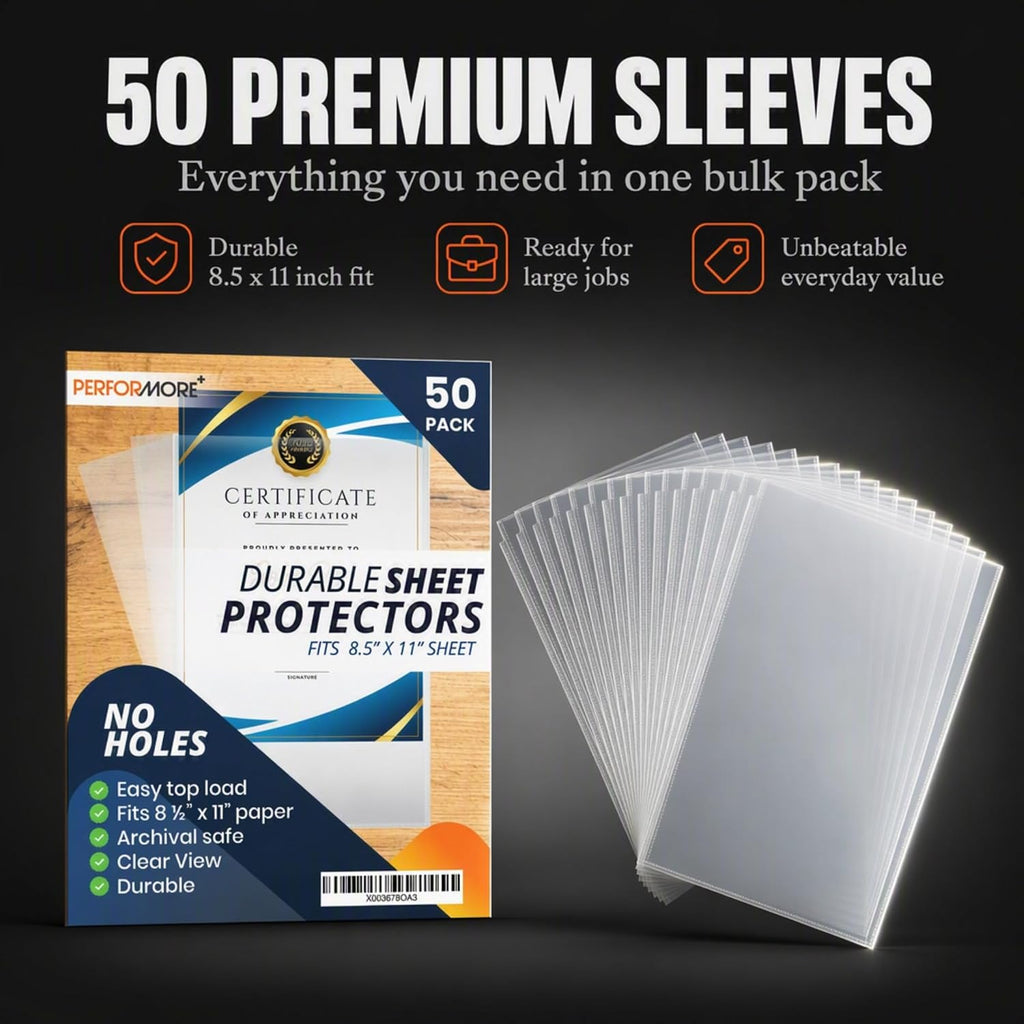 Performore 50 Clear No Hole Sheet Protectors, 8.5" x 11", Plastic Sheet Sleeves