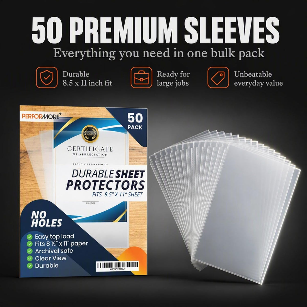 Performore 50 Clear No Hole Sheet Protectors, 8.5" x 11", Plastic Sheet Sleeves