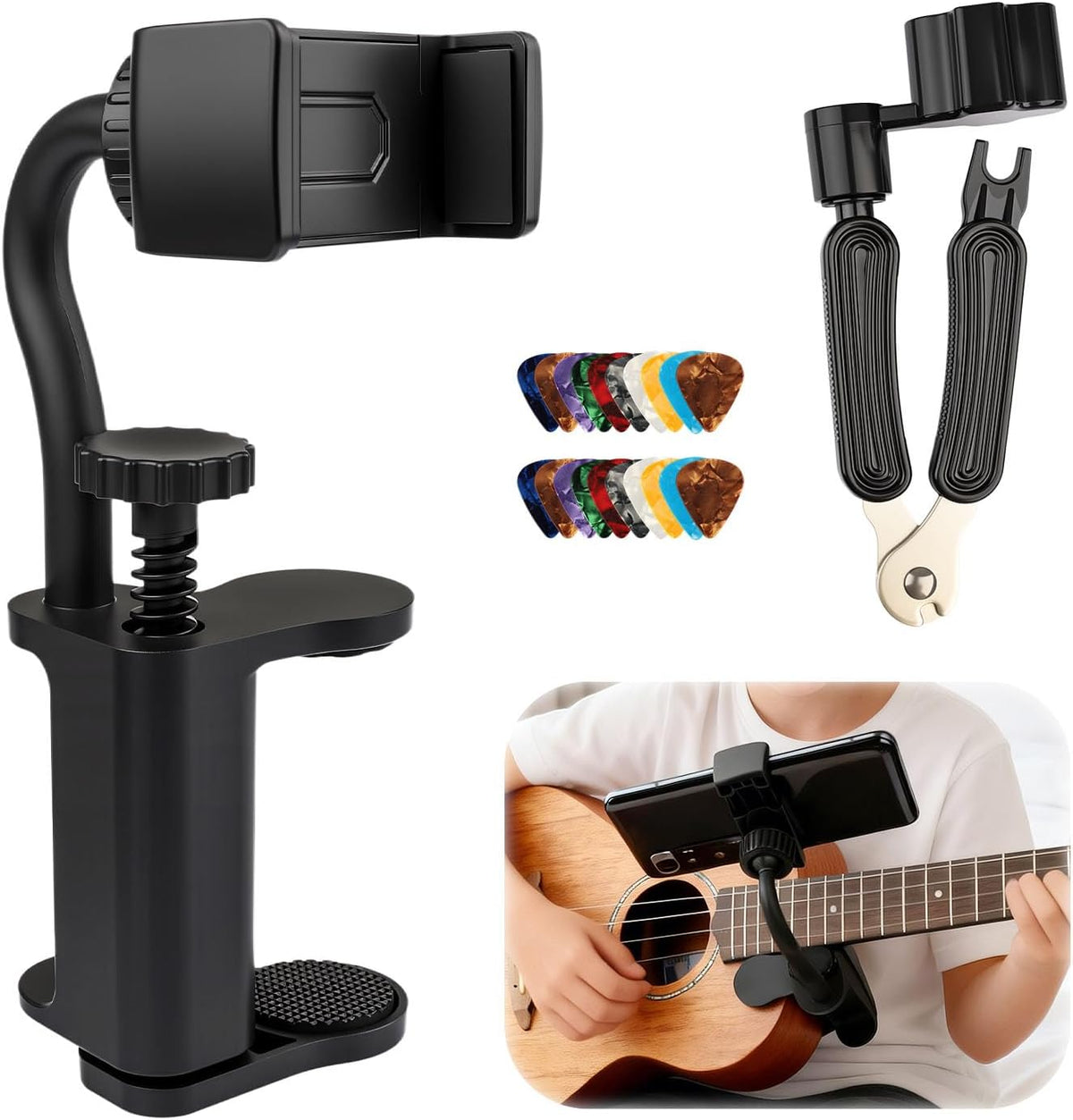 3-in-1 Guitar Phone Holder, String Winder Cutter & Picks, Universal Stand