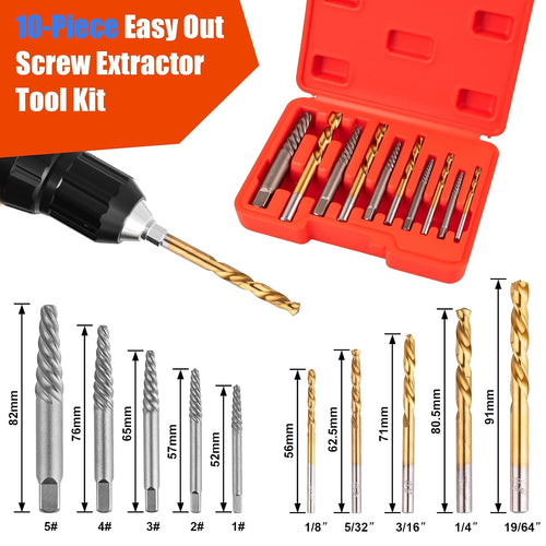 10-Piece Screw Extractor Left-Hand Drill Bit Set Spiral Flutes