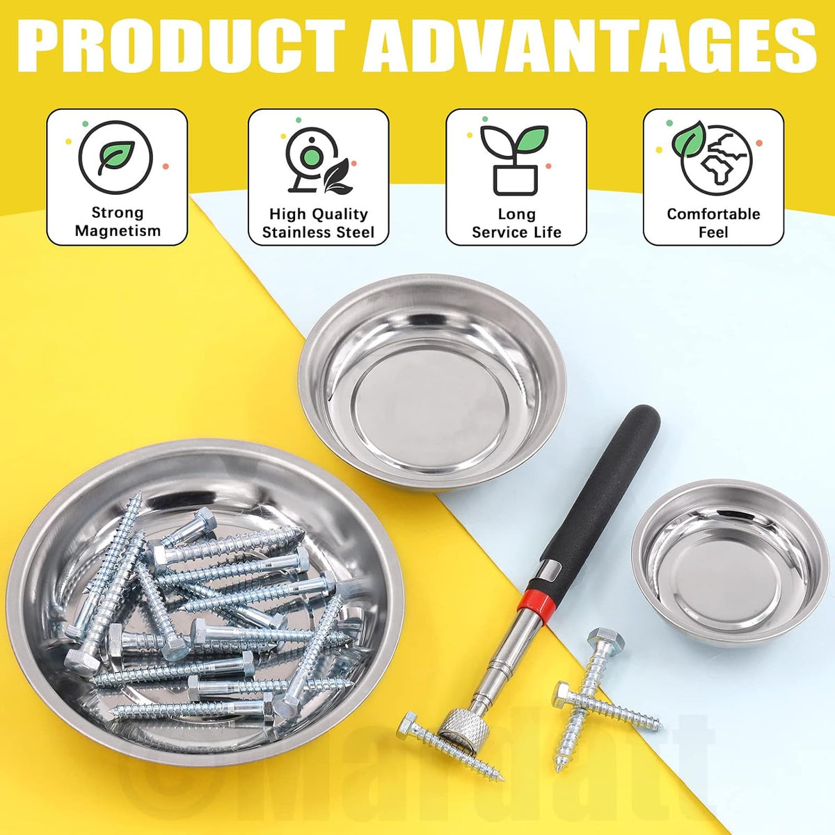 4Pcs 3" 4" 6" Magnetic Trays Tools & 10LB Telescopic Magnet Stick