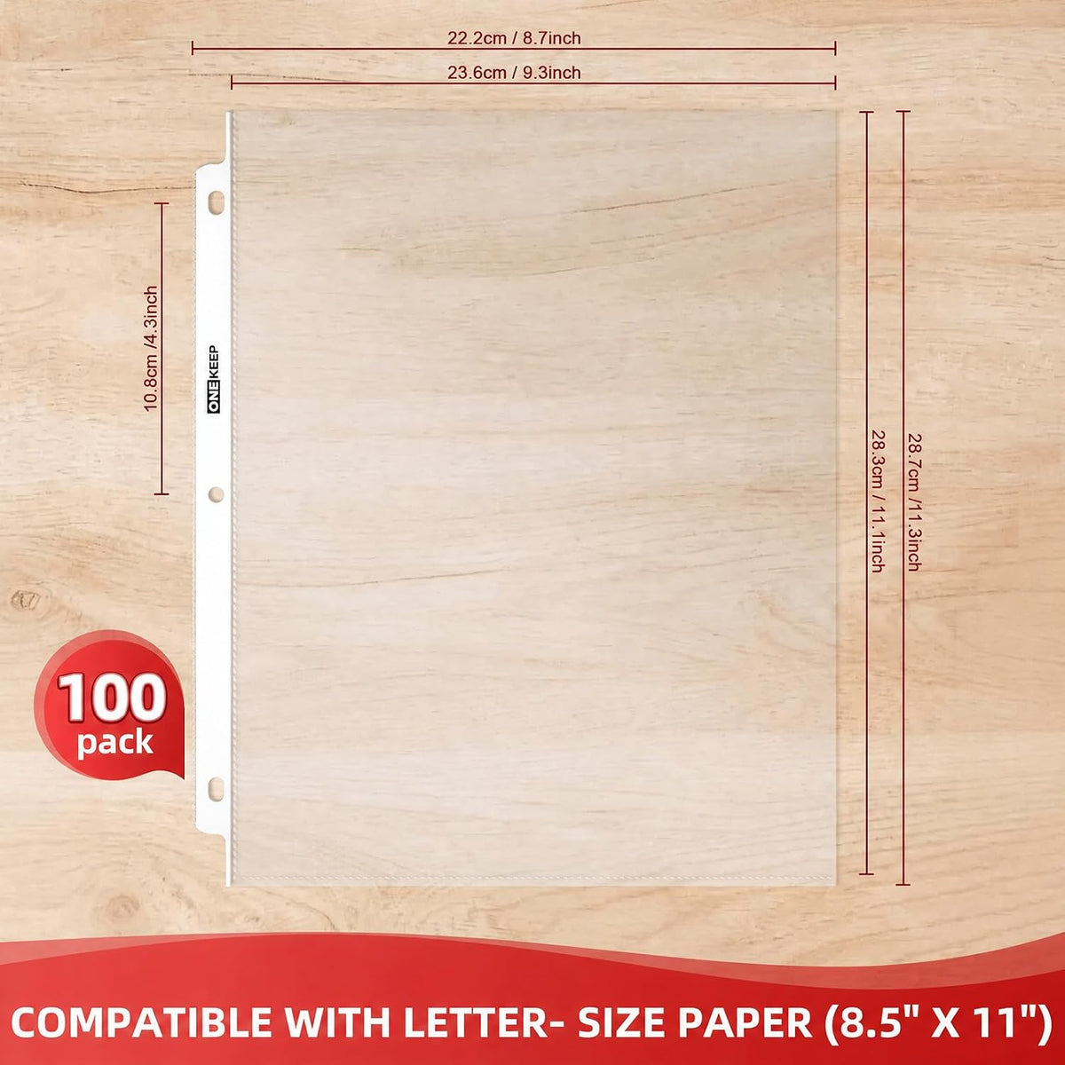 100 Pack Heavy Duty Sheet Protectors, Top Loading for 3-Hole Page