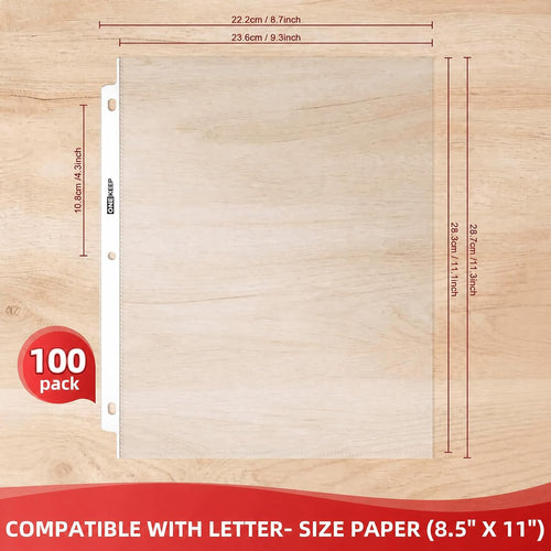 100 Pack Heavy Duty Sheet Protectors, Top Loading for 3-Hole Page