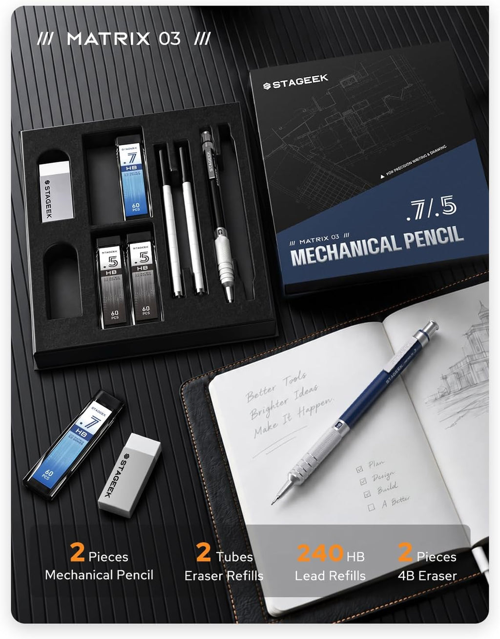 STAGEEK 0.5mm & 0.7mm Mechanical Pencil Set, 2 Erasers and 240 HB Refills