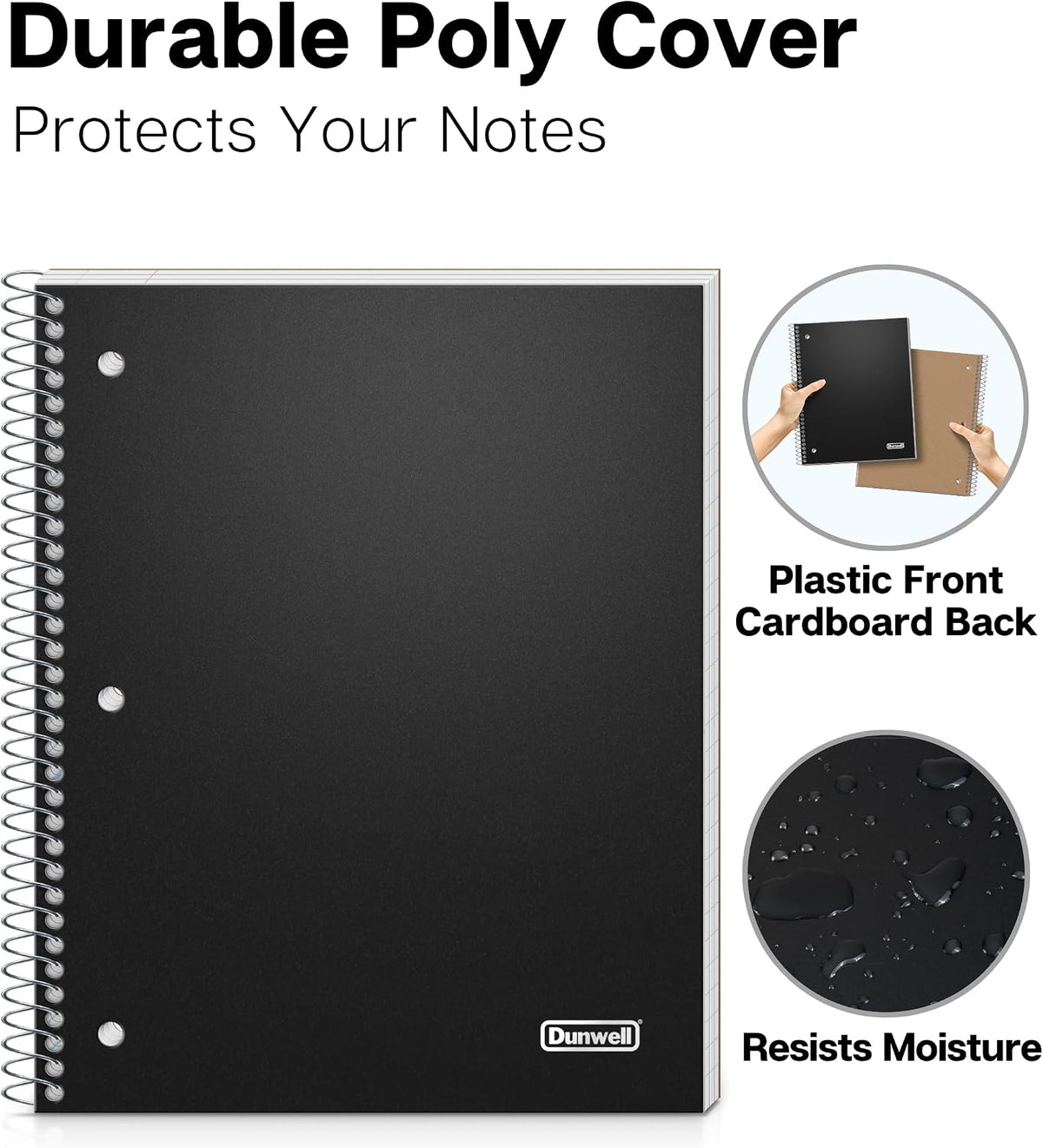 Dunwell 3-Subject Spiral Notebook, Wide Ruled, 150 Sheets, Black