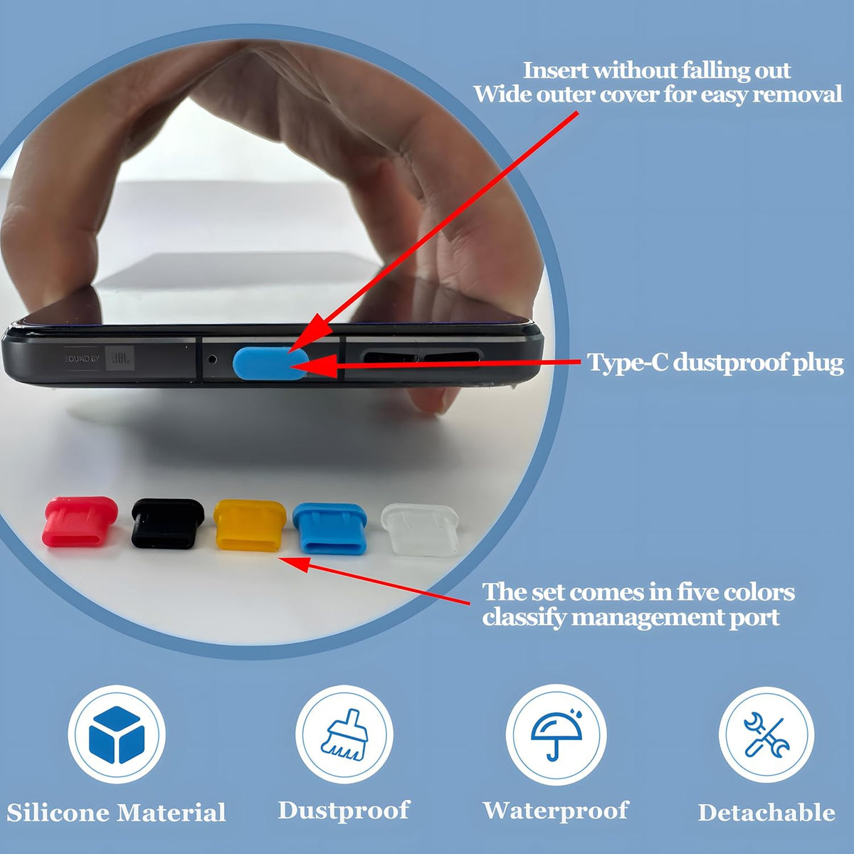 25 PCS 5 Colors USB-C Dust Plugs,Silicone Type-C Port Cover