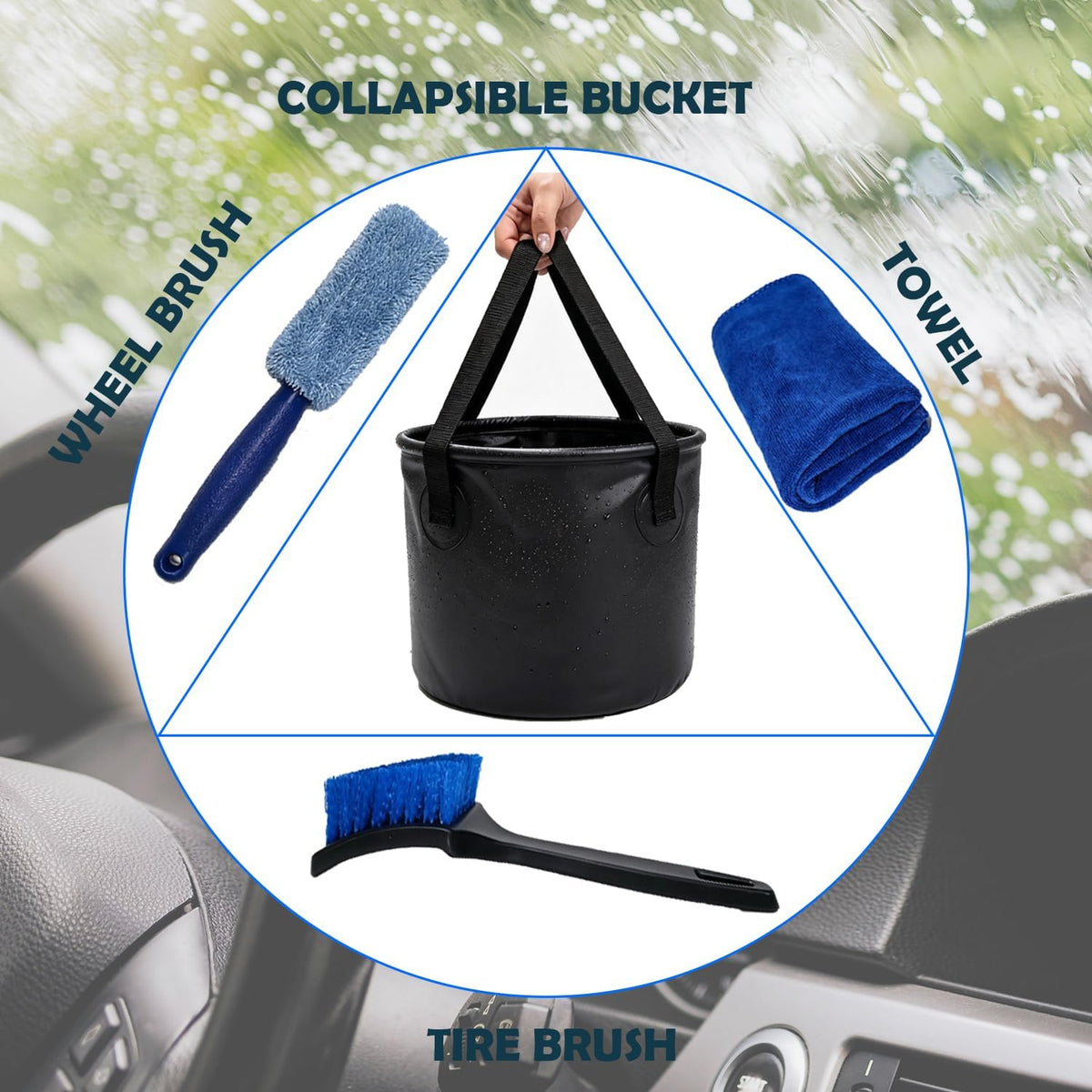 4 Pcs Car Wash Kit, Collapsible Bucket with Handle, Car Wash Brushes