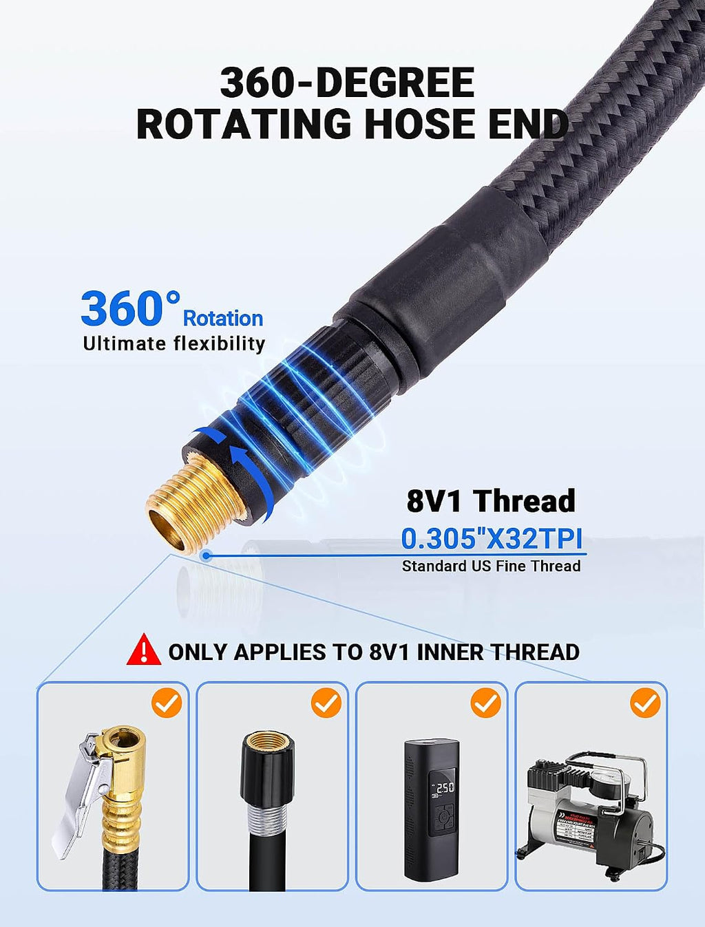 Upgraded Tire Inflator Hose Adapter w/360° Rotating End
