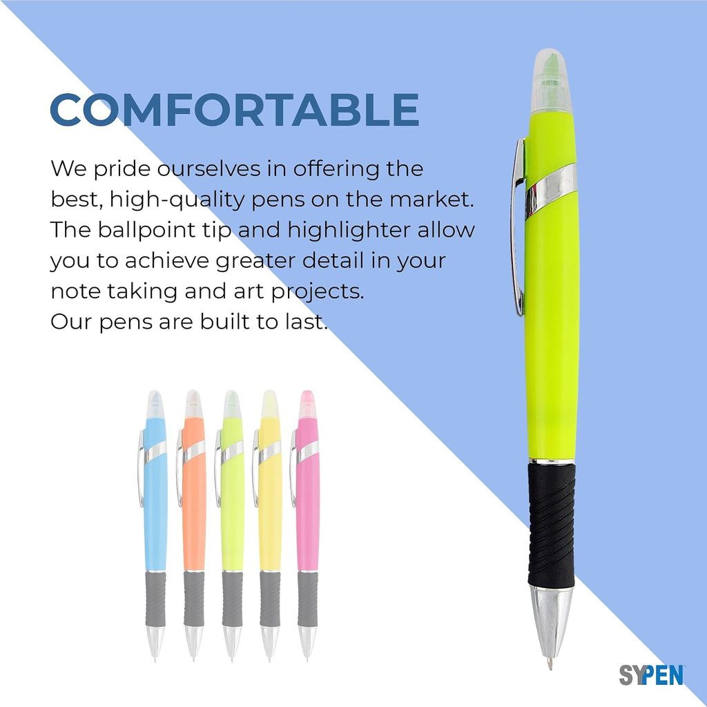 SyPen Highlighter with Ballpoint Pen Combo, Comes in an array of bright colors, 5 pack