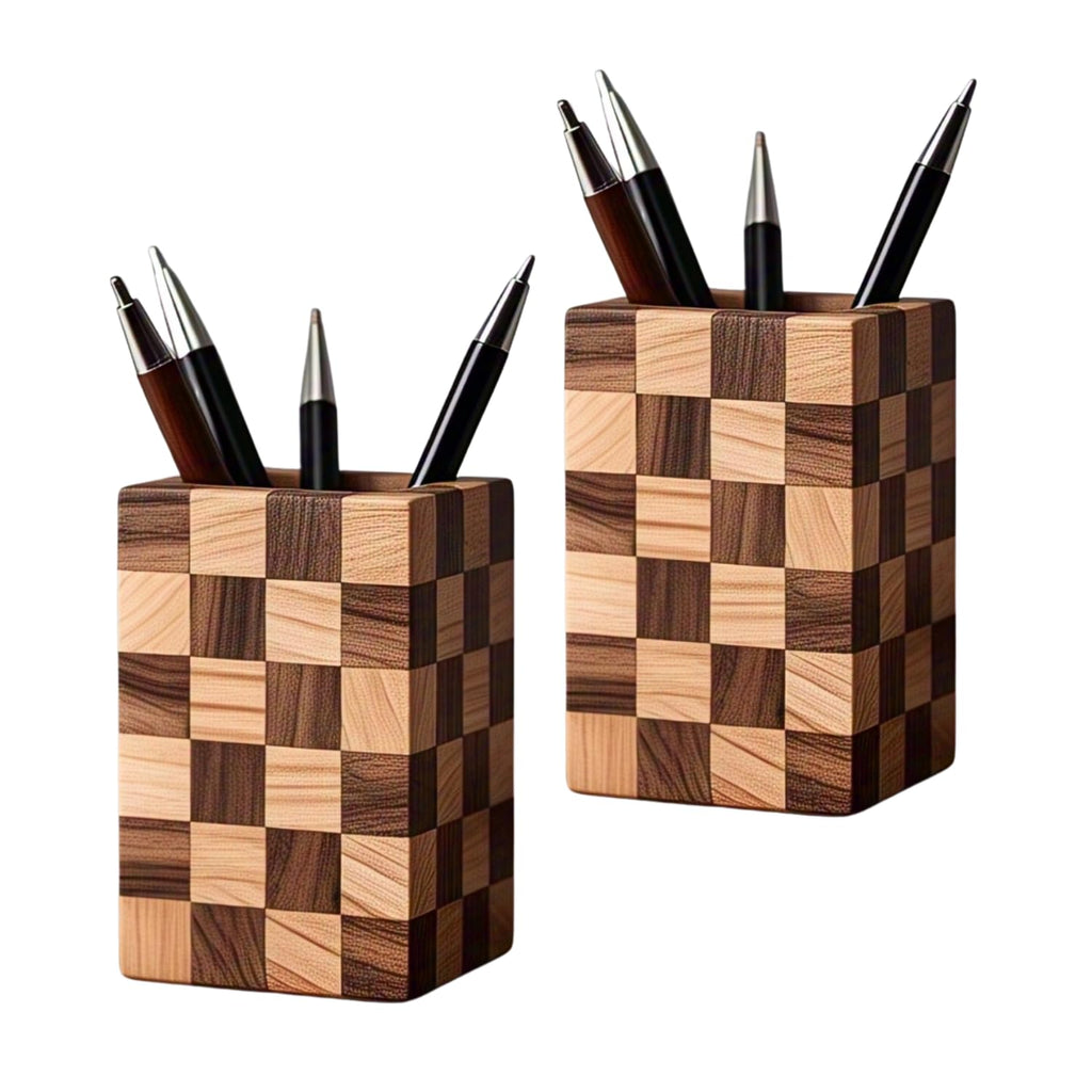 Wood Pen & Pencil Holder for Desk, 2 Pack – Brush Caddy (2 Pack Walnut Color)