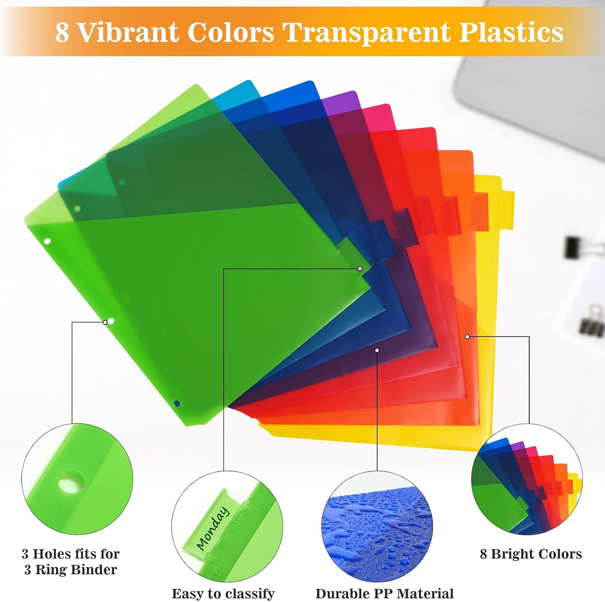 SUQJOY 8-Tab Dividers for 3 Ring Binder, 24 Count Binder Dividers with Pockets