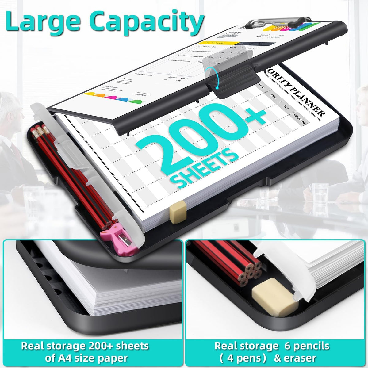 Sunnyclip Clipboard with Storage, Real Hinge Heavy Duty 8.5x11 Clipboards - with Pen