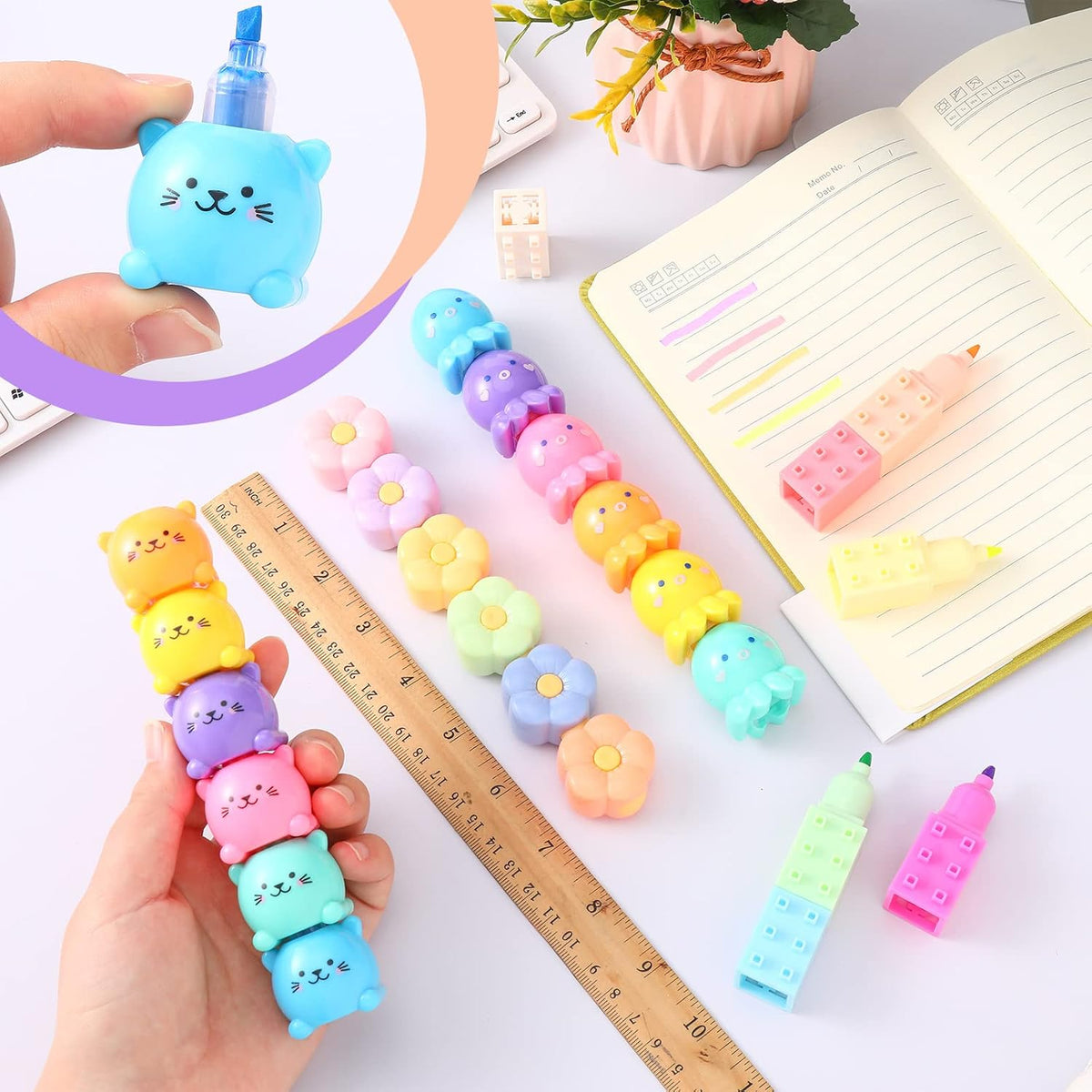 Teling 20 Pcs Cute Mini Highlighter Pens, Octopus, Blocks, Cat, Flower