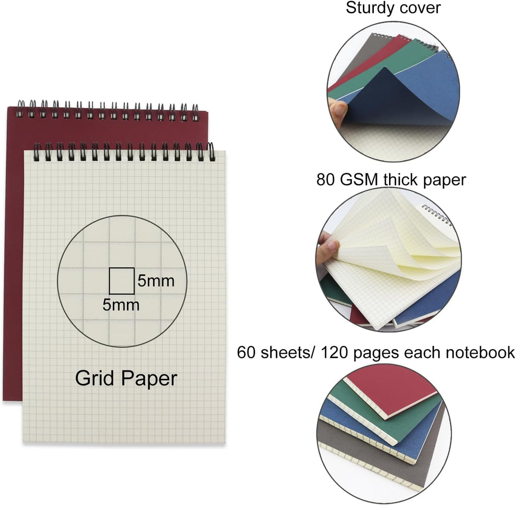4 Pack Graph Paper Notebook, A5 Top Wirebound Grid Spiral Notebook 5.8" x 8.3",60 Sheets