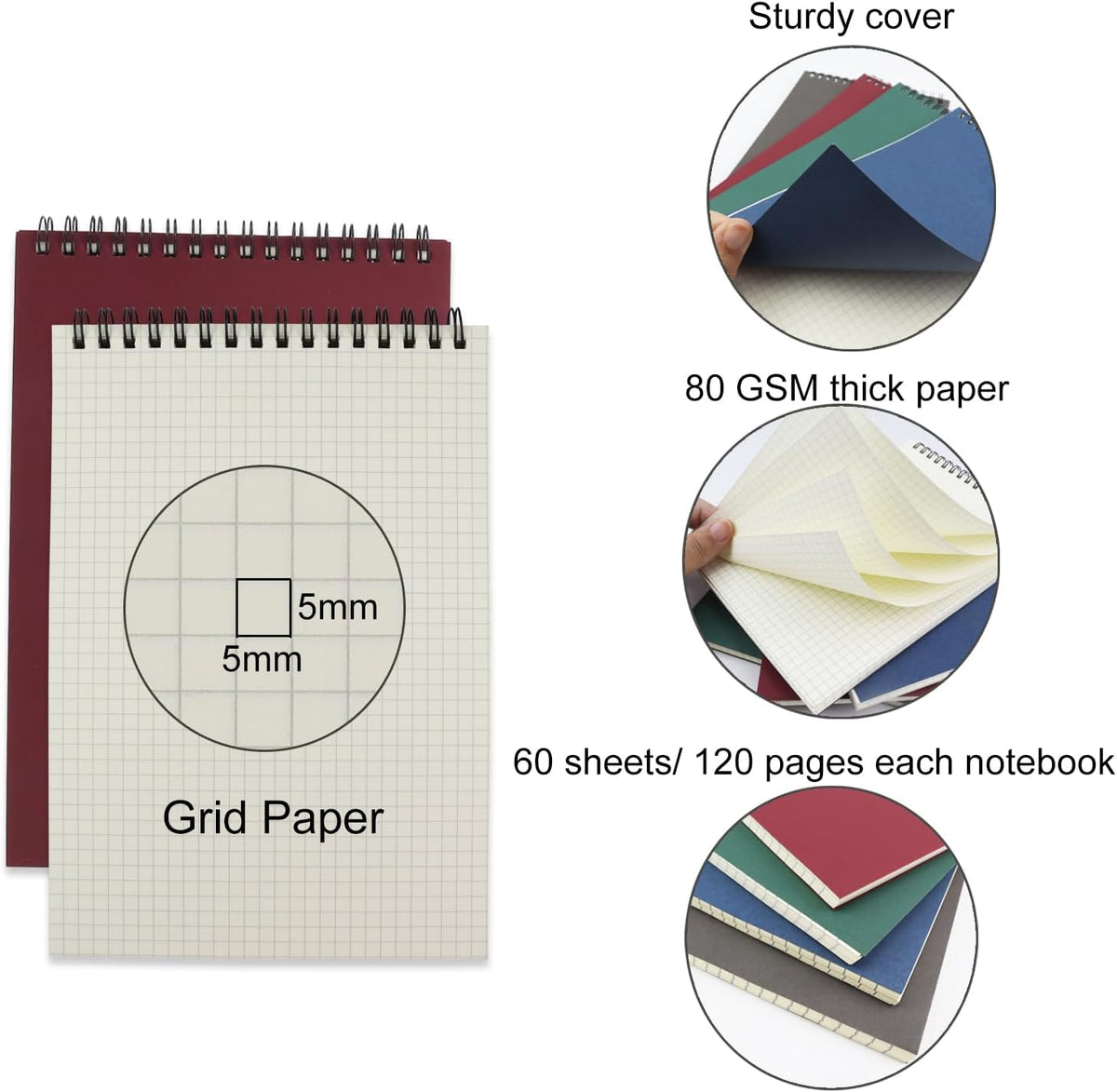 4 Pack Graph Paper Notebook, A5 Top Wirebound Grid Spiral Notebook 5.8" x 8.3",60 Sheets