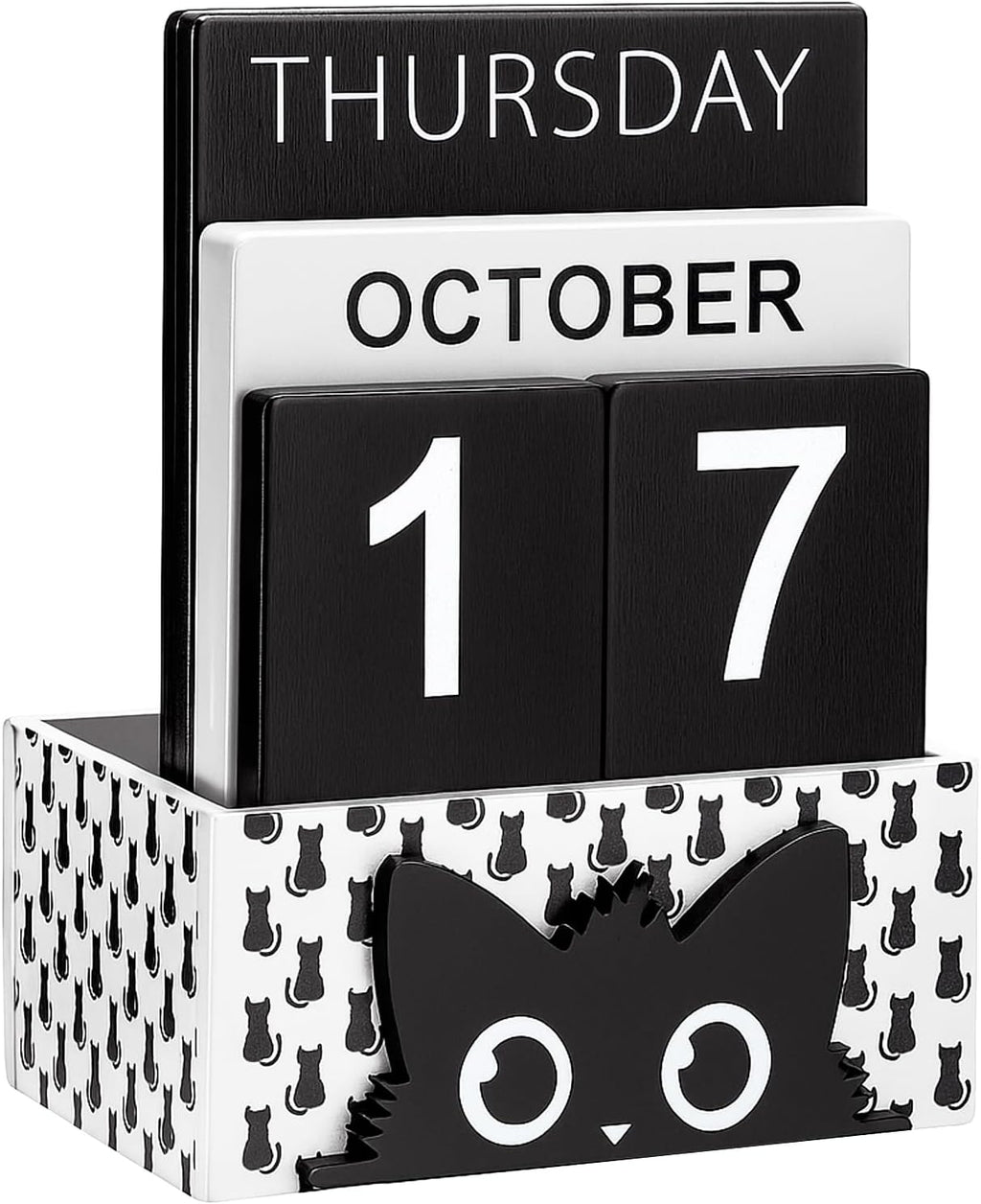AceOrbit Cat Wood Block Perpetual Calendar Coquettish Desk Decor Cute Month Week Date