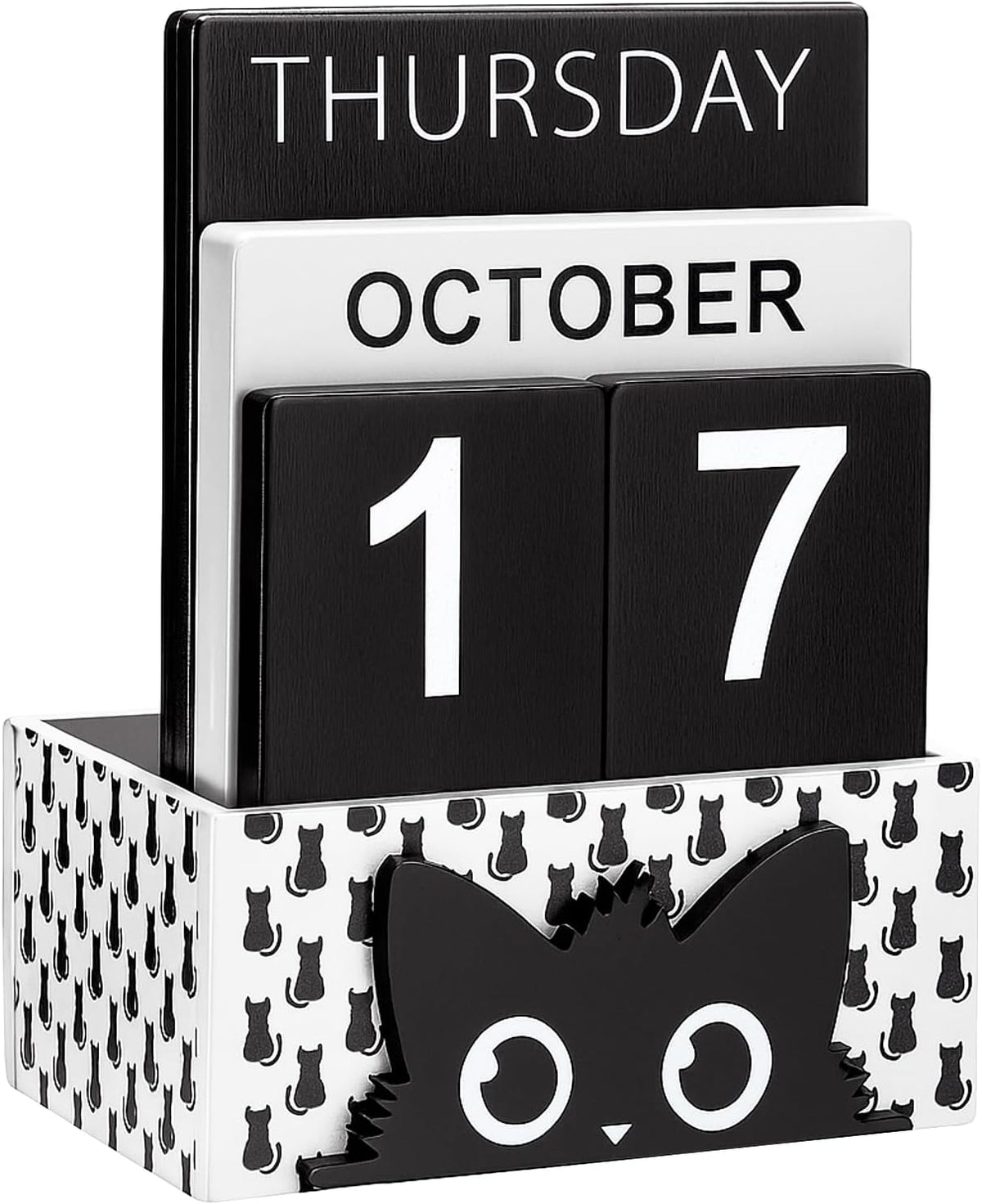 AceOrbit Cat Wood Block Perpetual Calendar Coquettish Desk Decor Cute Month Week Date
