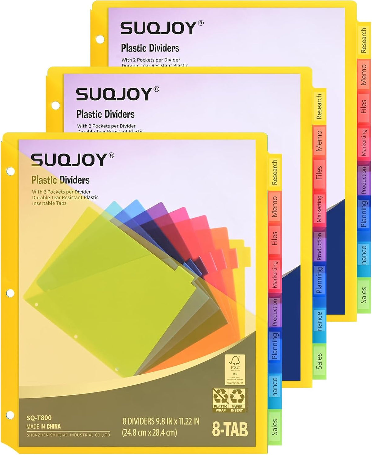 SUQJOY 8-Tab Dividers for 3 Ring Binder, 24 Count Binder Dividers with Pockets