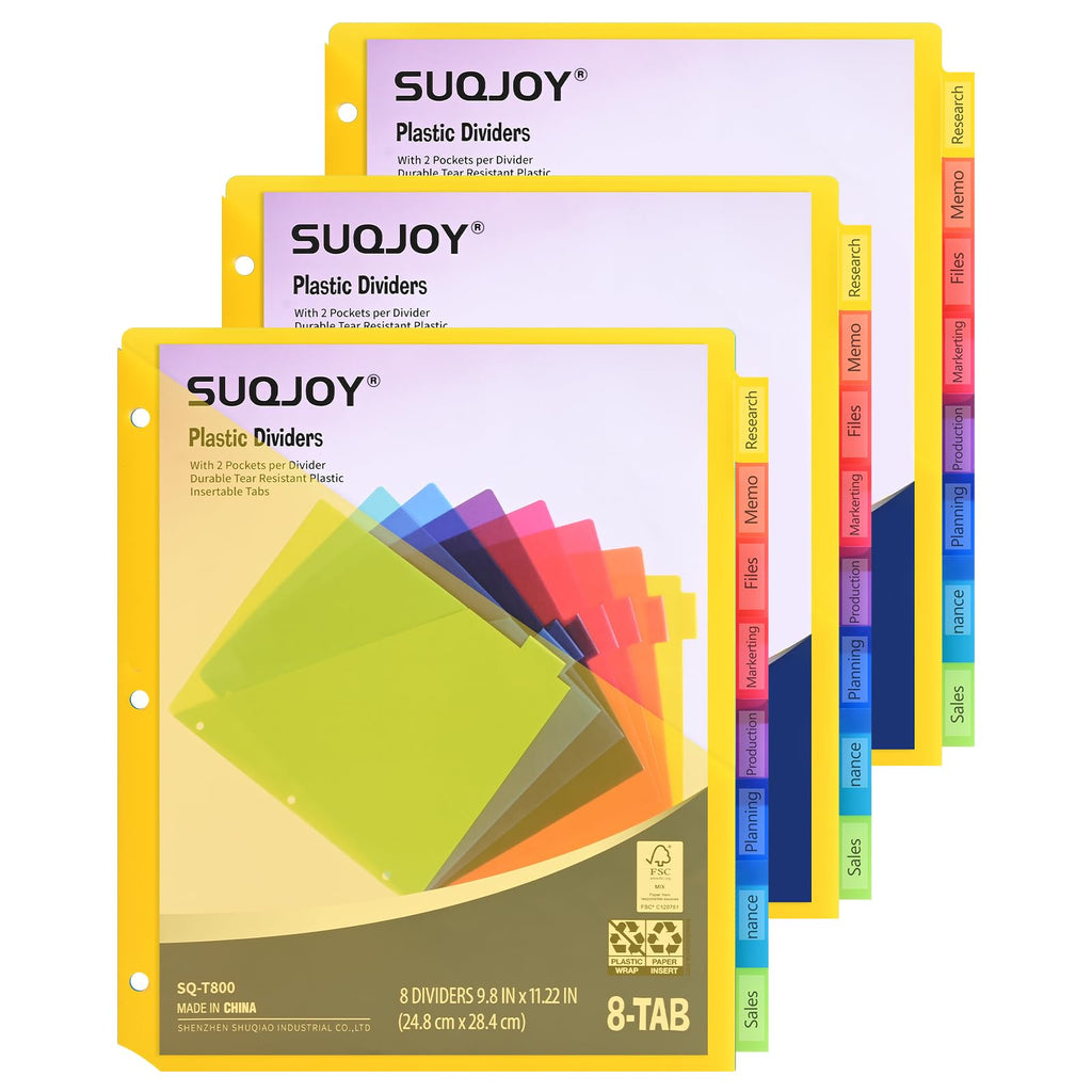 SUQJOY 8-Tab Dividers for 3 Ring Binder, 24 Count Binder Dividers with Pockets