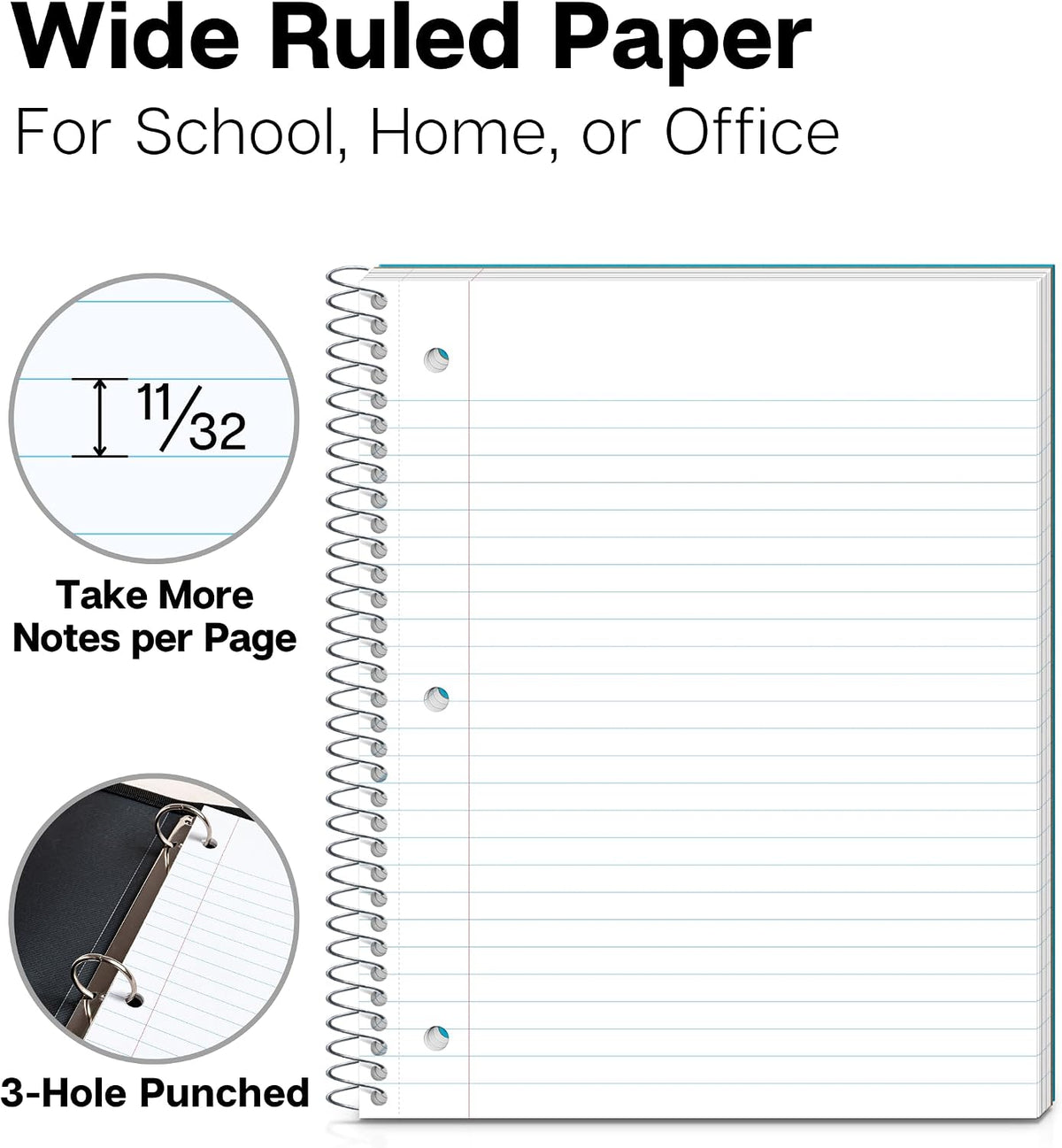 Dunwell 3-Subject Spiral Notebook, Wide Ruled, 150 Sheets, Black