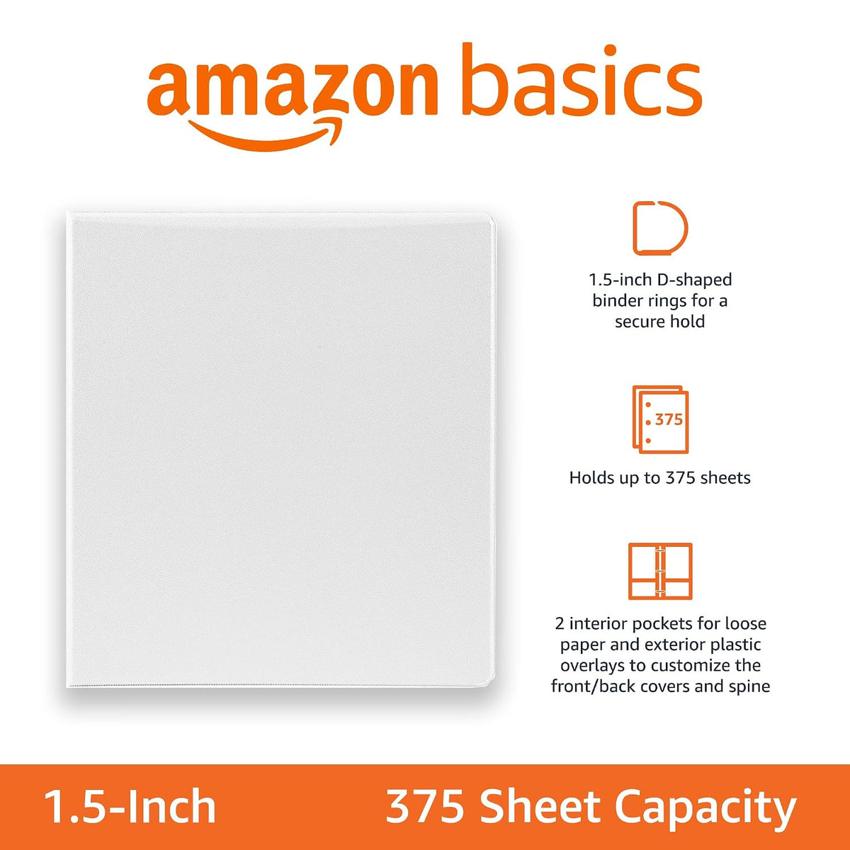 Amazon Basics 3 Ring Binders, 1.5 Inch D-Ring Organizer for School, Home Office, White