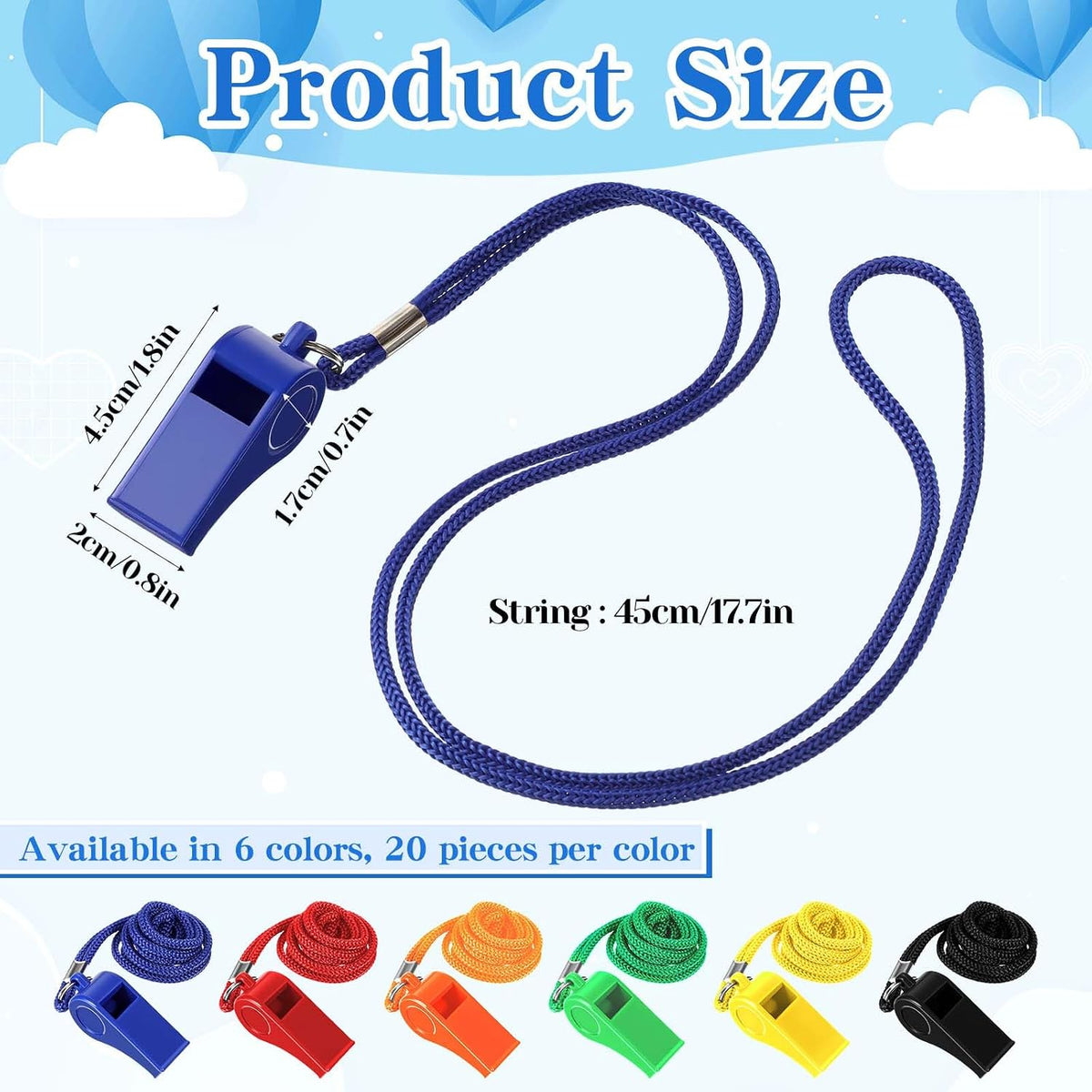 120 PCS Plastic Whistles with Lanyards Bulk, Colorful Whistles for Adults